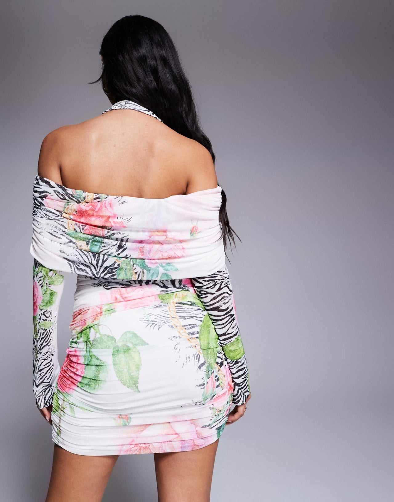 AFRM fionna halter neckline mini dress with shirring detail in zebra floral - ASOS Sample Sale