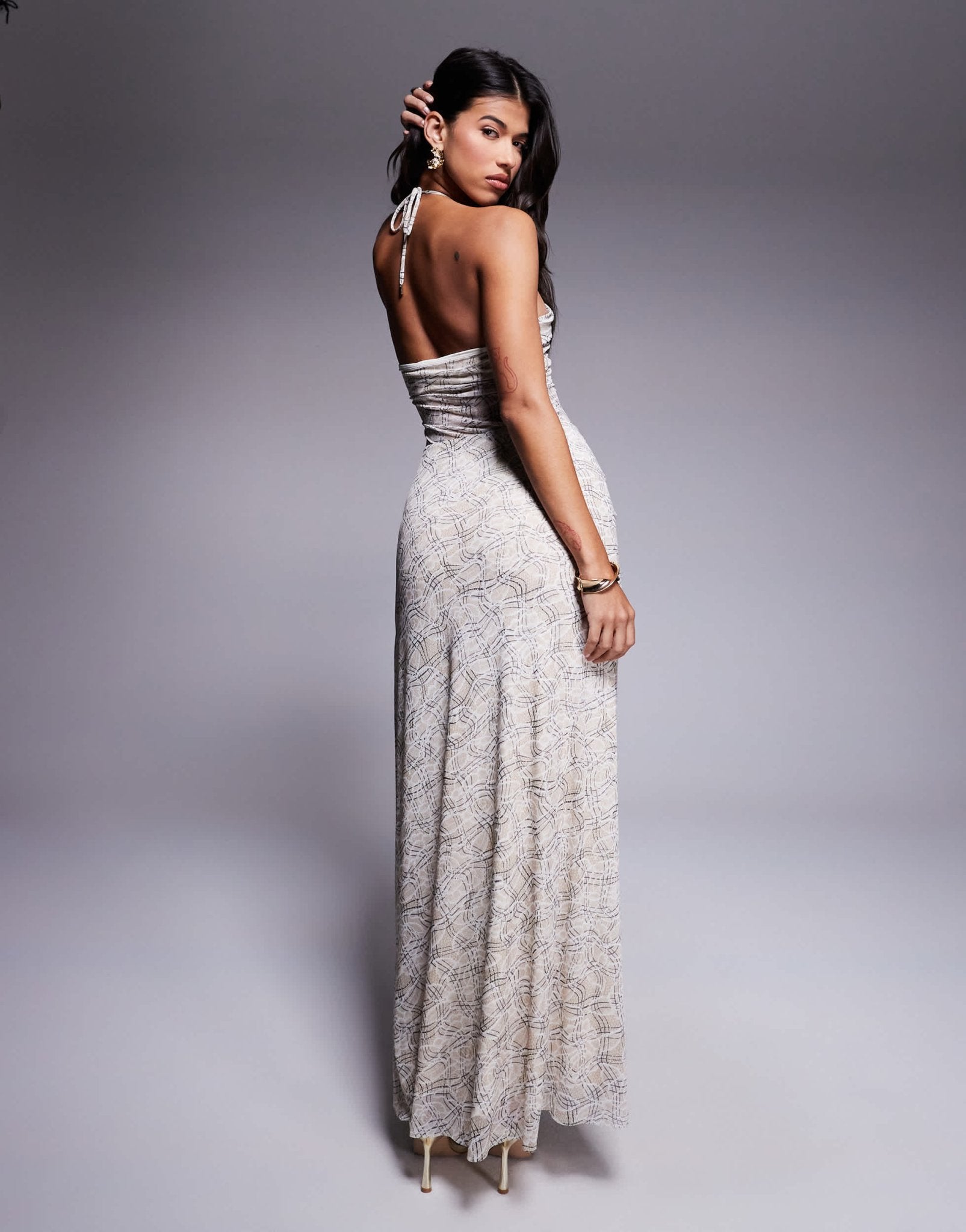 AFRM halter neck drop waist maxi dress in sheer cream - ASOS Sample Sale
