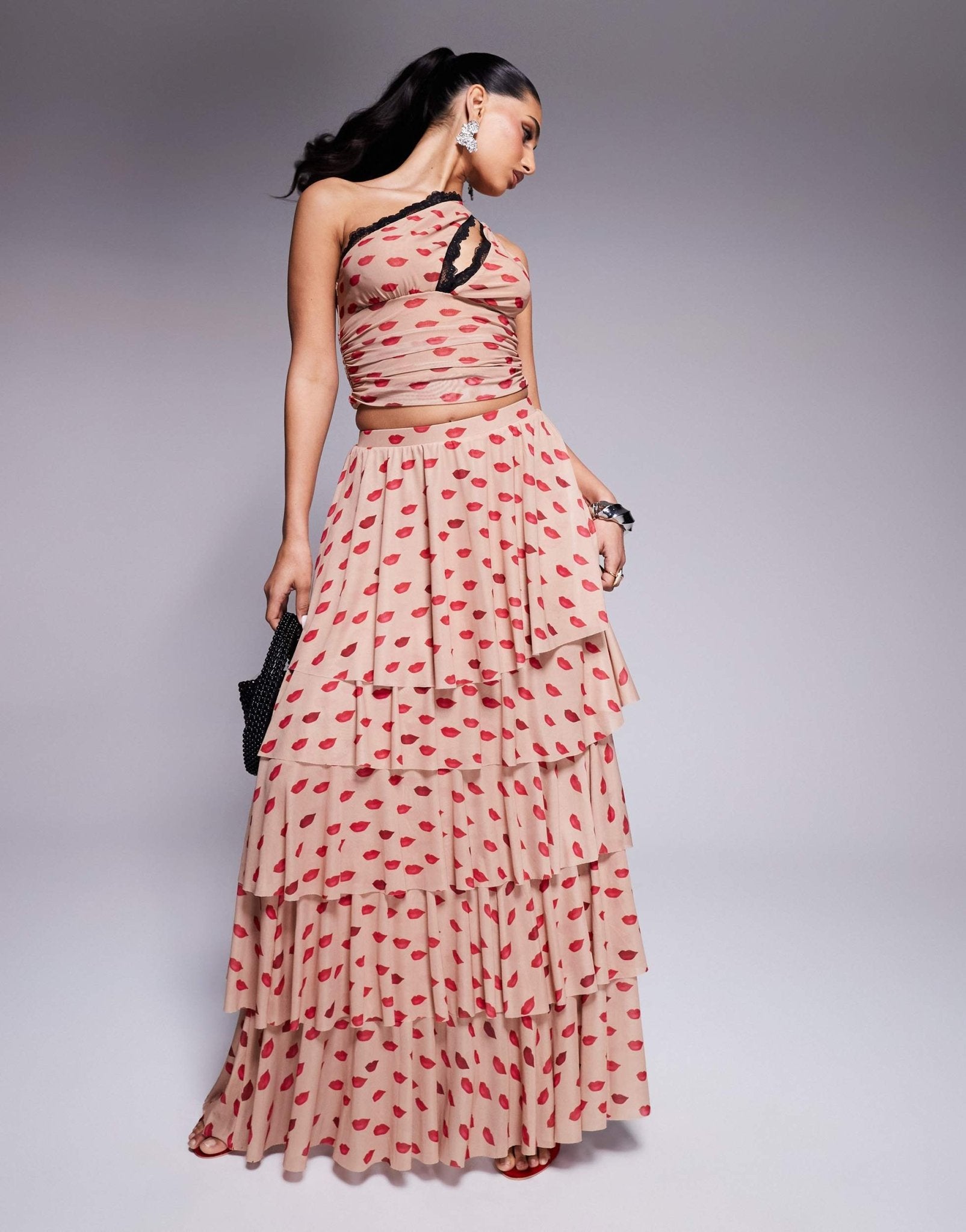 AFRM Jace ruffle maxi skirt co - ord in almond kiss print - ASOS Sample Sale