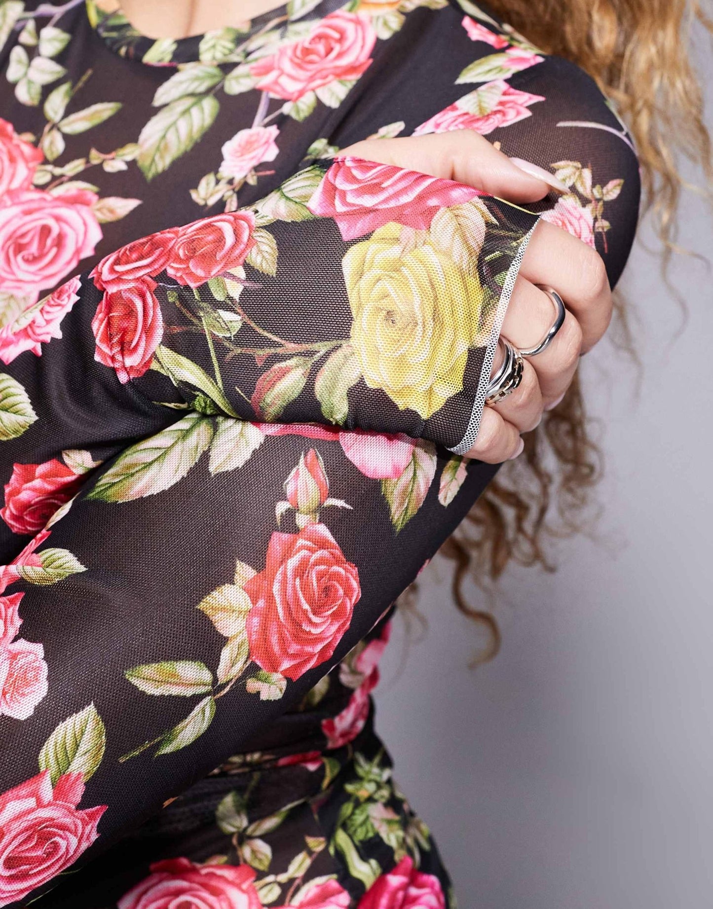 AFRM Kaylee long sleeve mesh top in wallpaper rose print - ASOS Sample Sale