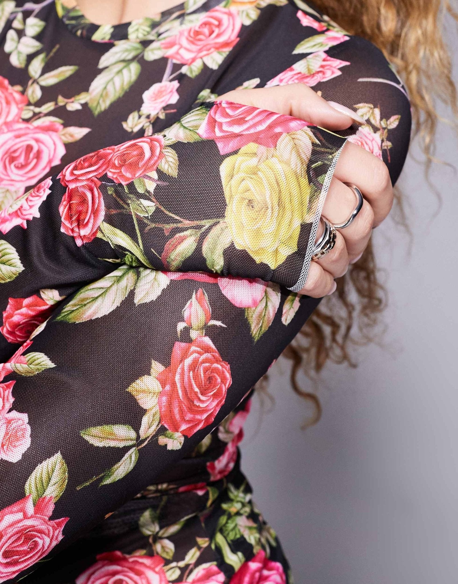 AFRM Kaylee long sleeve mesh top in wallpaper rose print - ASOS Sample Sale