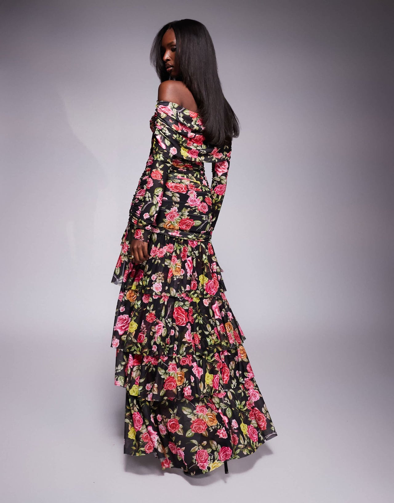 AFRM Kellie off the shoulder maxi dress with train detail in wallpaper rose print - ASOS Sample Sale