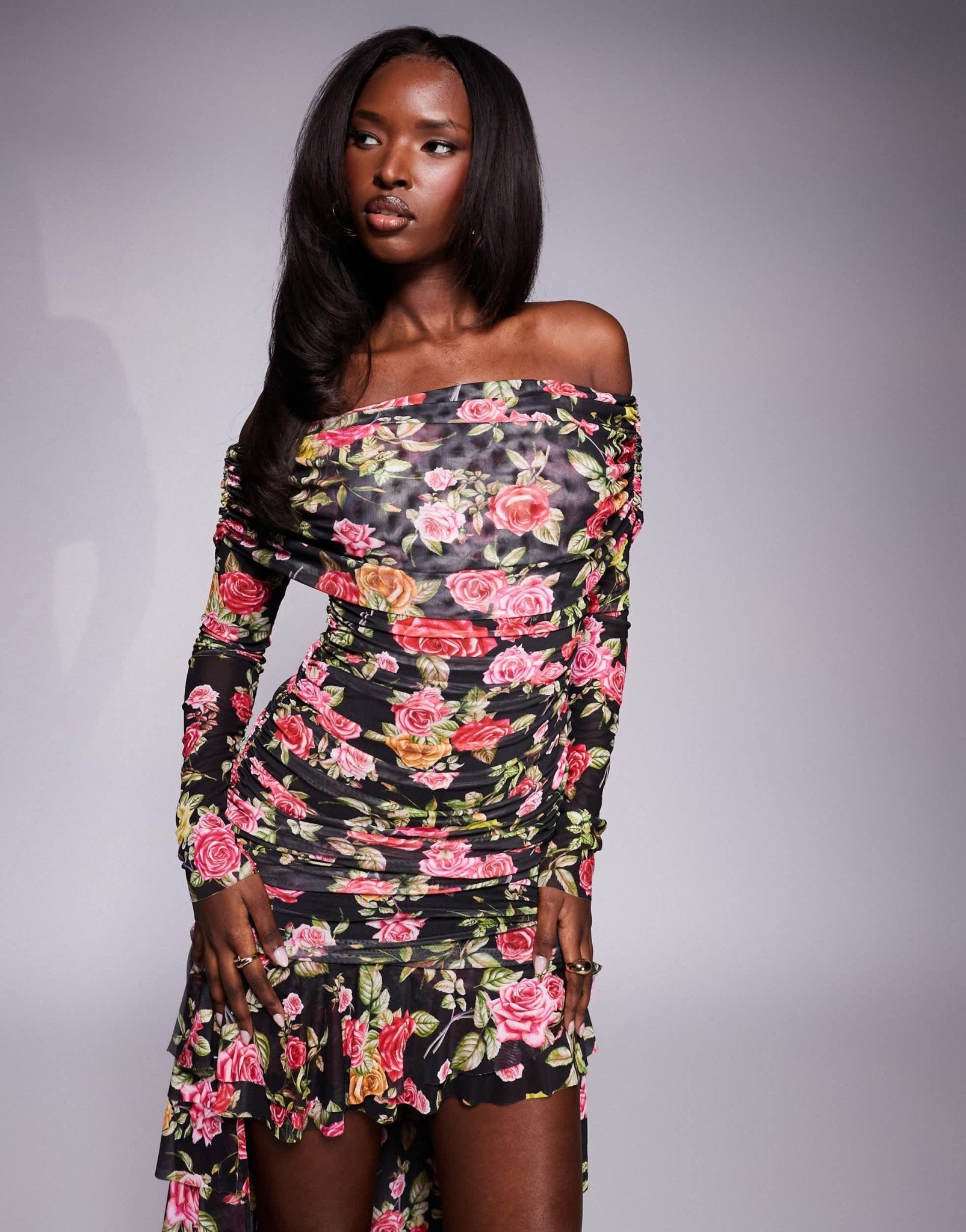 AFRM Kellie off the shoulder maxi dress with train detail in wallpaper rose print - ASOS Sample Sale