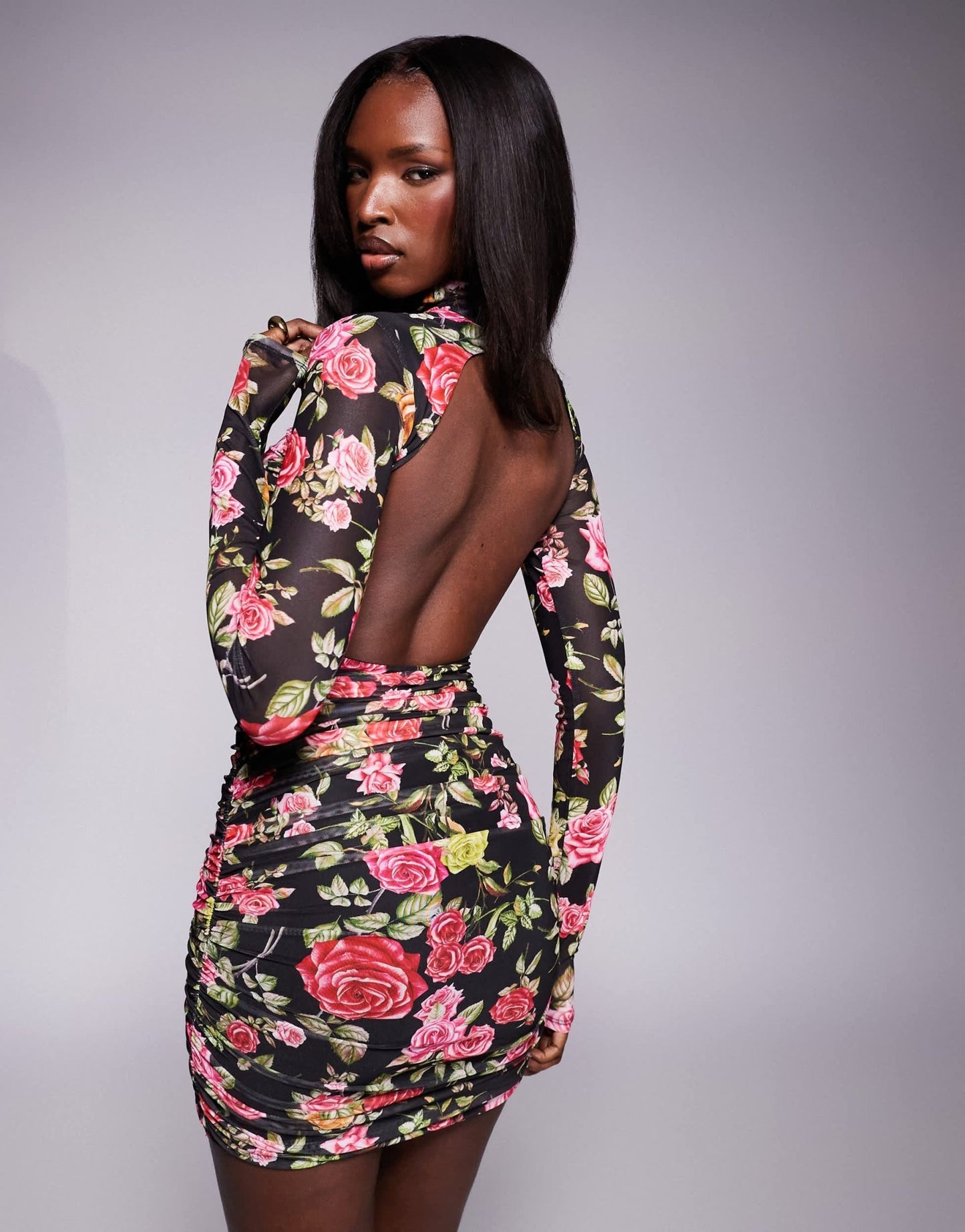 AFRM Lavina long sleeve backless mini dress in wallpaper rose print - ASOS Sample Sale