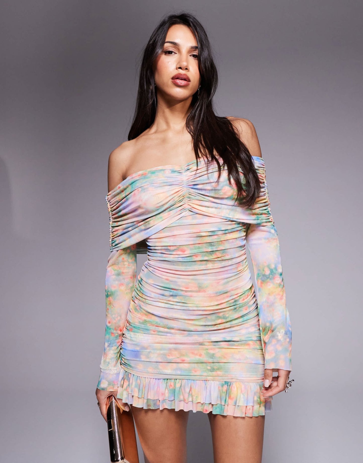 AFRM long sleeve ruched mini dress with ruffle hem in floral - ASOS Sample Sale