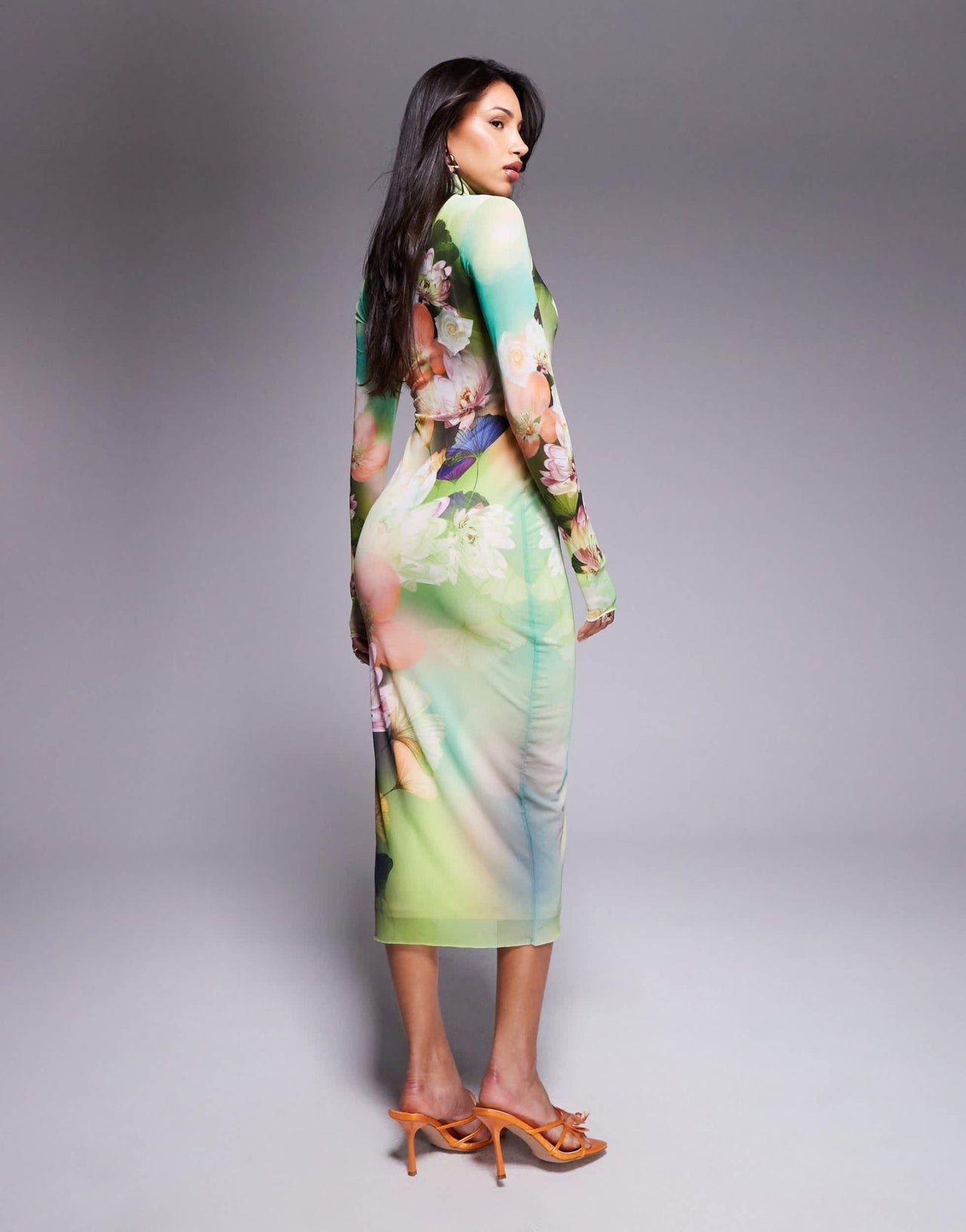 AFRM long sleeve turtle neck midi dress in green floral - ASOS Sample Sale