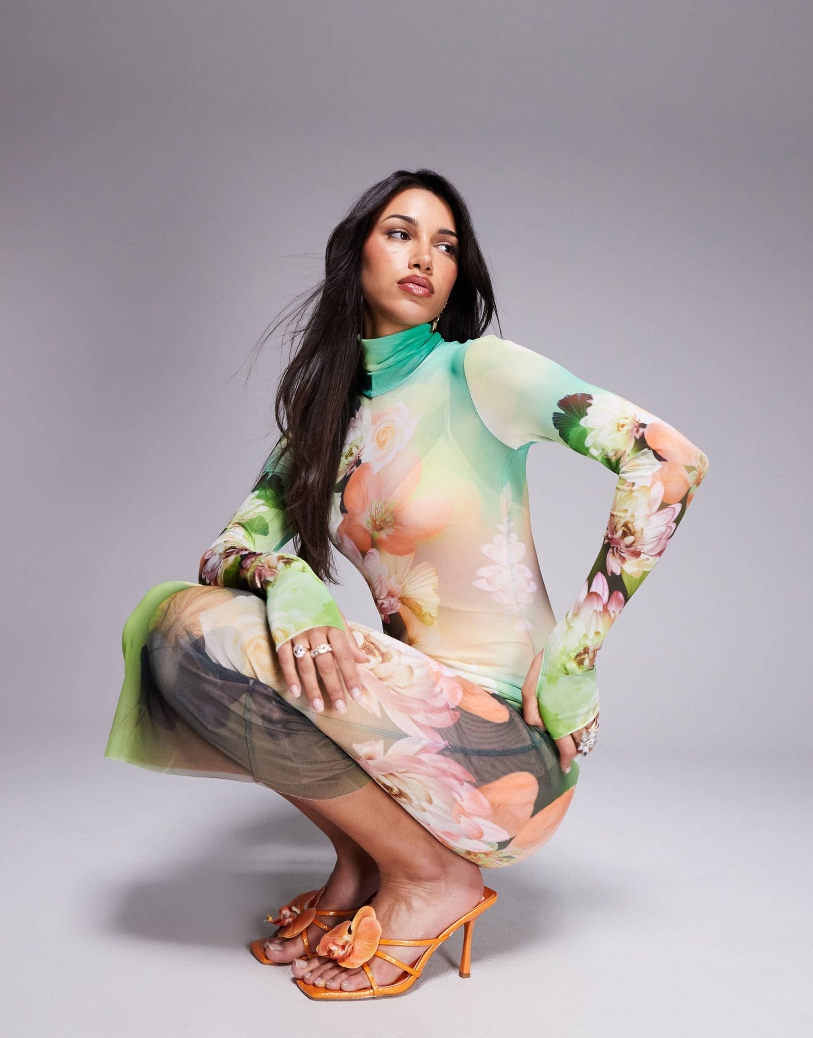 AFRM long sleeve turtle neck midi dress in green floral - ASOS Sample Sale