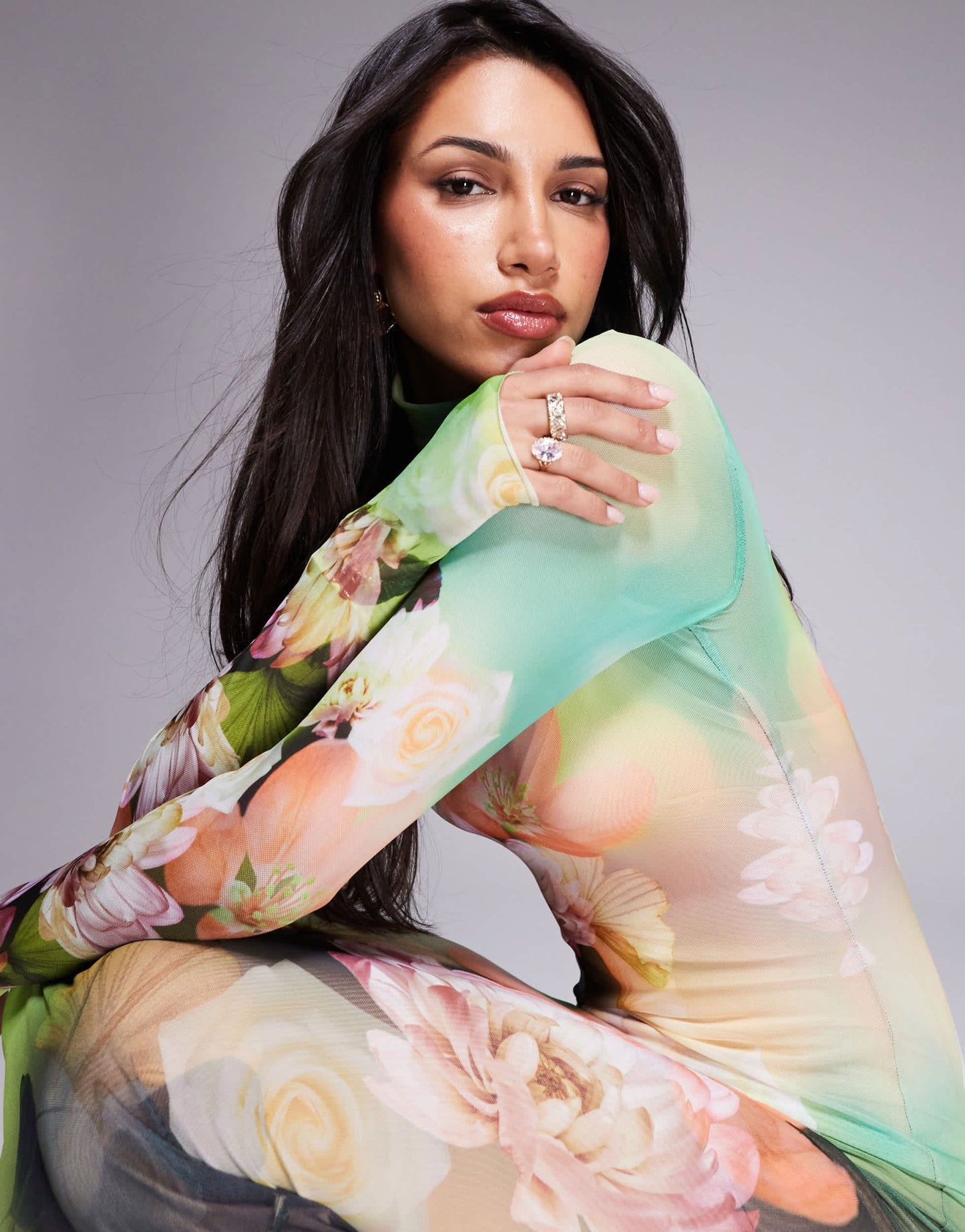 AFRM long sleeve turtle neck midi dress in green floral - ASOS Sample Sale