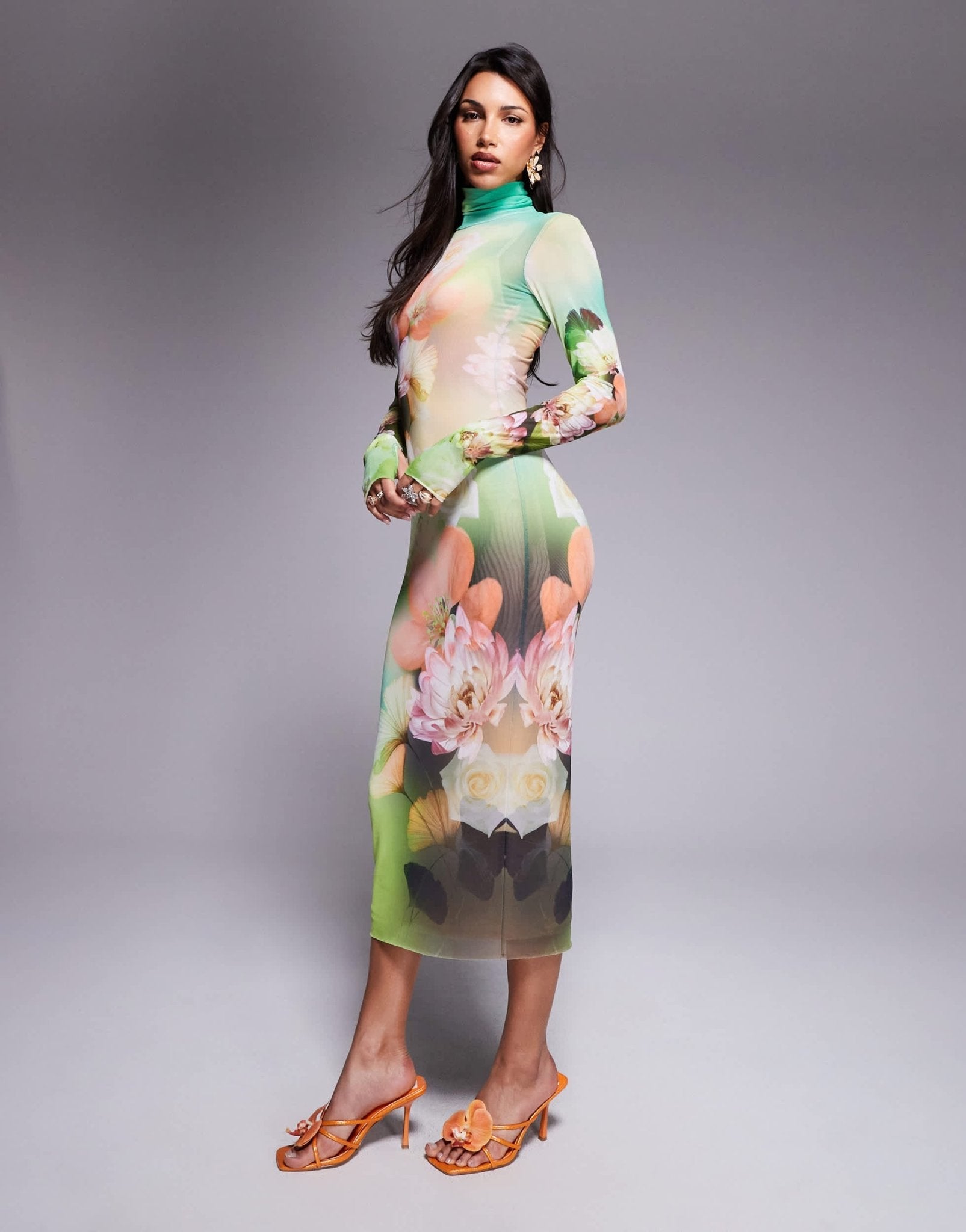 AFRM long sleeve turtle neck midi dress in green floral - ASOS Sample Sale