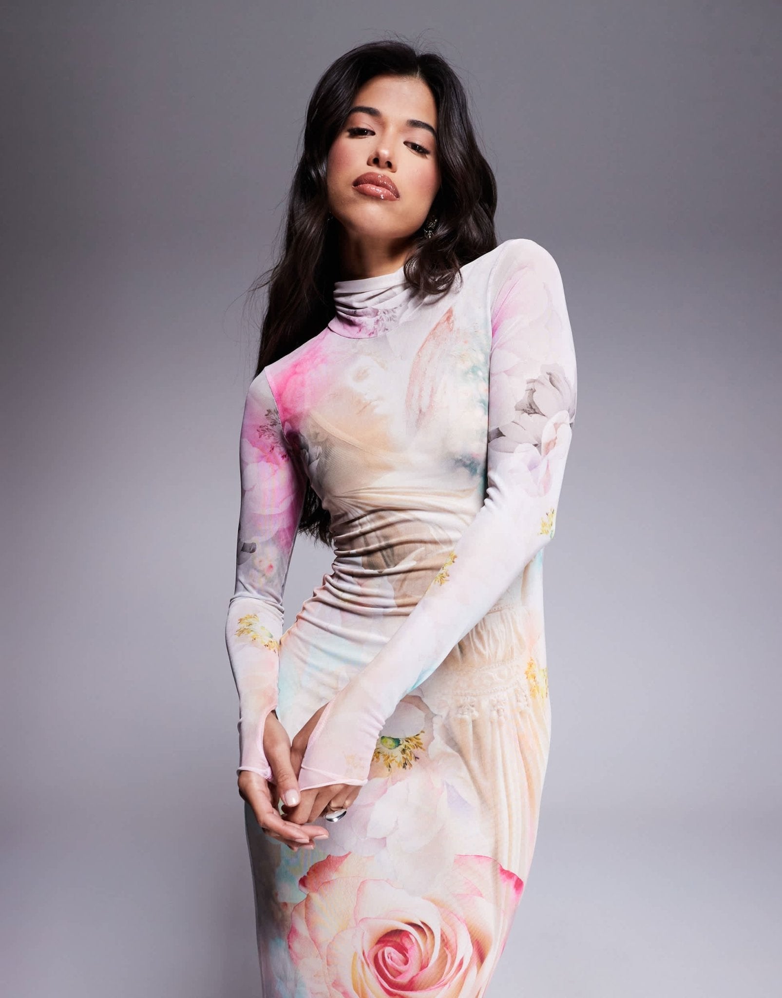 AFRM long sleeve turtleneck midi dress in pink floral - ASOS Sample Sale