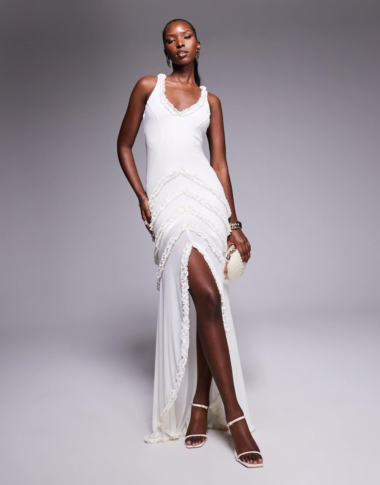 AFRM power mesh micro ruffle maxi dress in white - ASOS Sample Sale