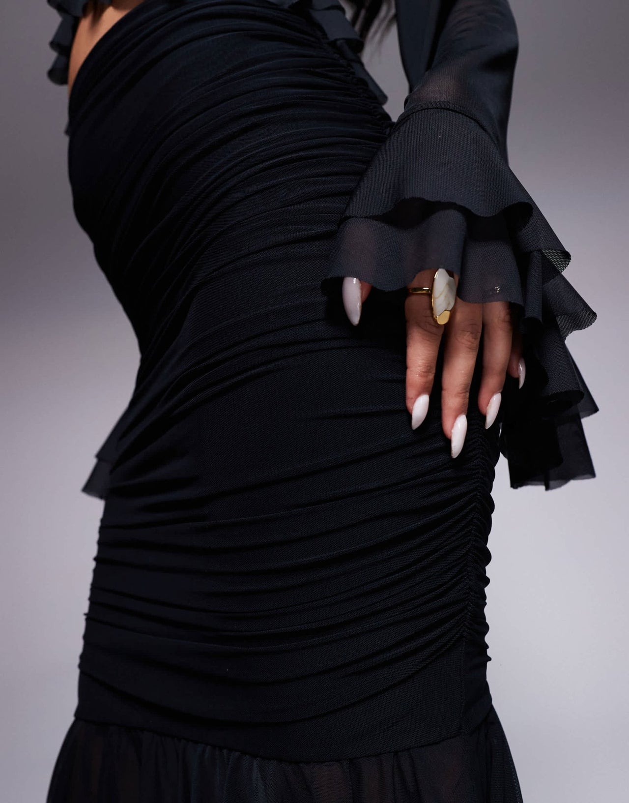 AFRM Pru high neck mesh ruched skirt co - ord in black - ASOS Sample Sale