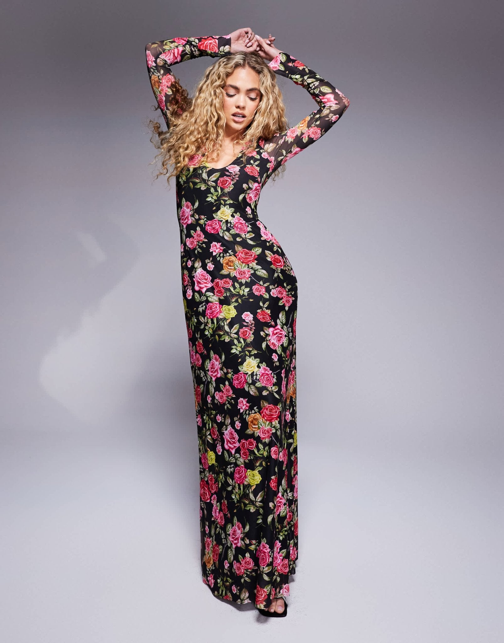 AFRM Ruby long sleeve plunge maxi dress in wallpaper rose print - ASOS Sample Sale
