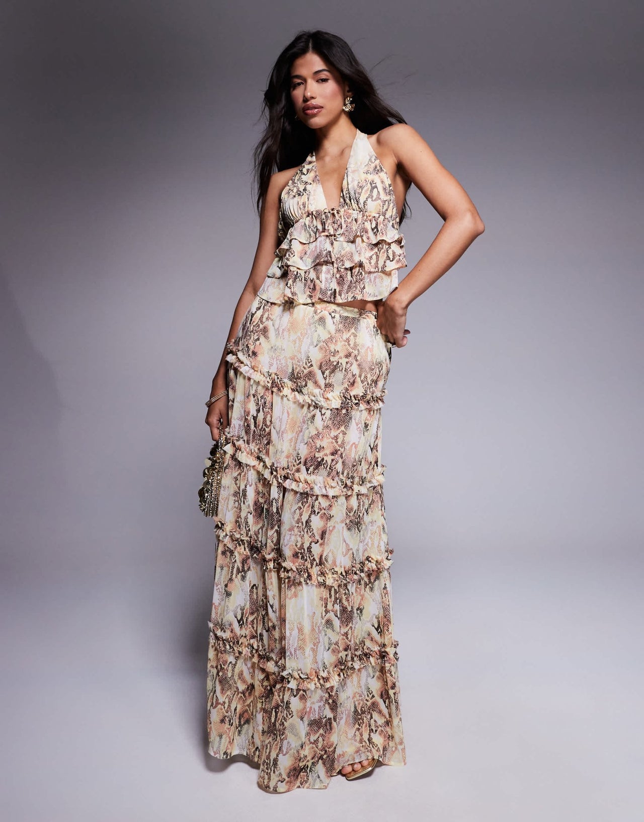 AFRM Sabina tiered maxi skirt co - ord with built in shorts in snake print - ASOS Sample Sale