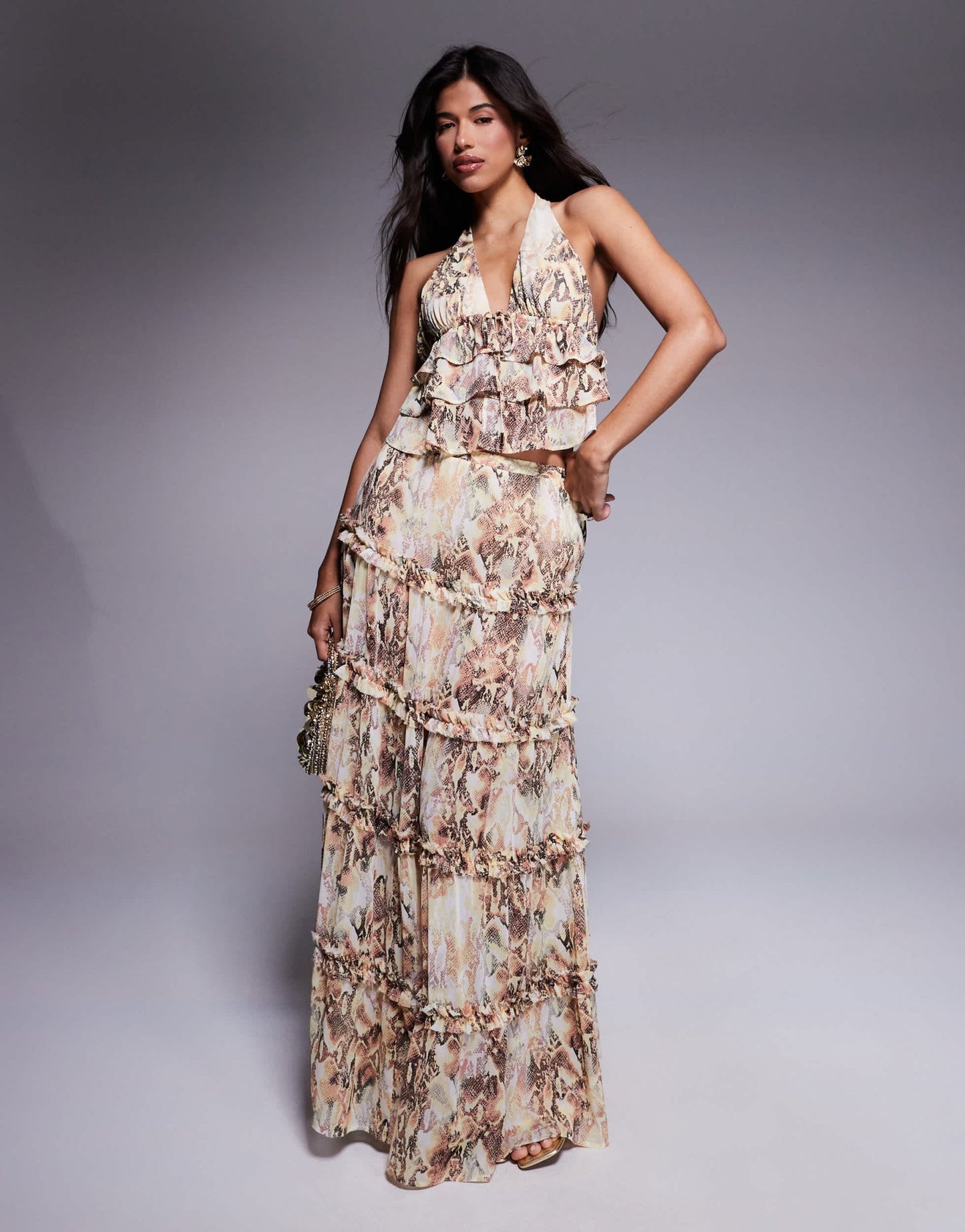 AFRM Sabina tiered maxi skirt co - ord with built in shorts in snake print - ASOS Sample Sale