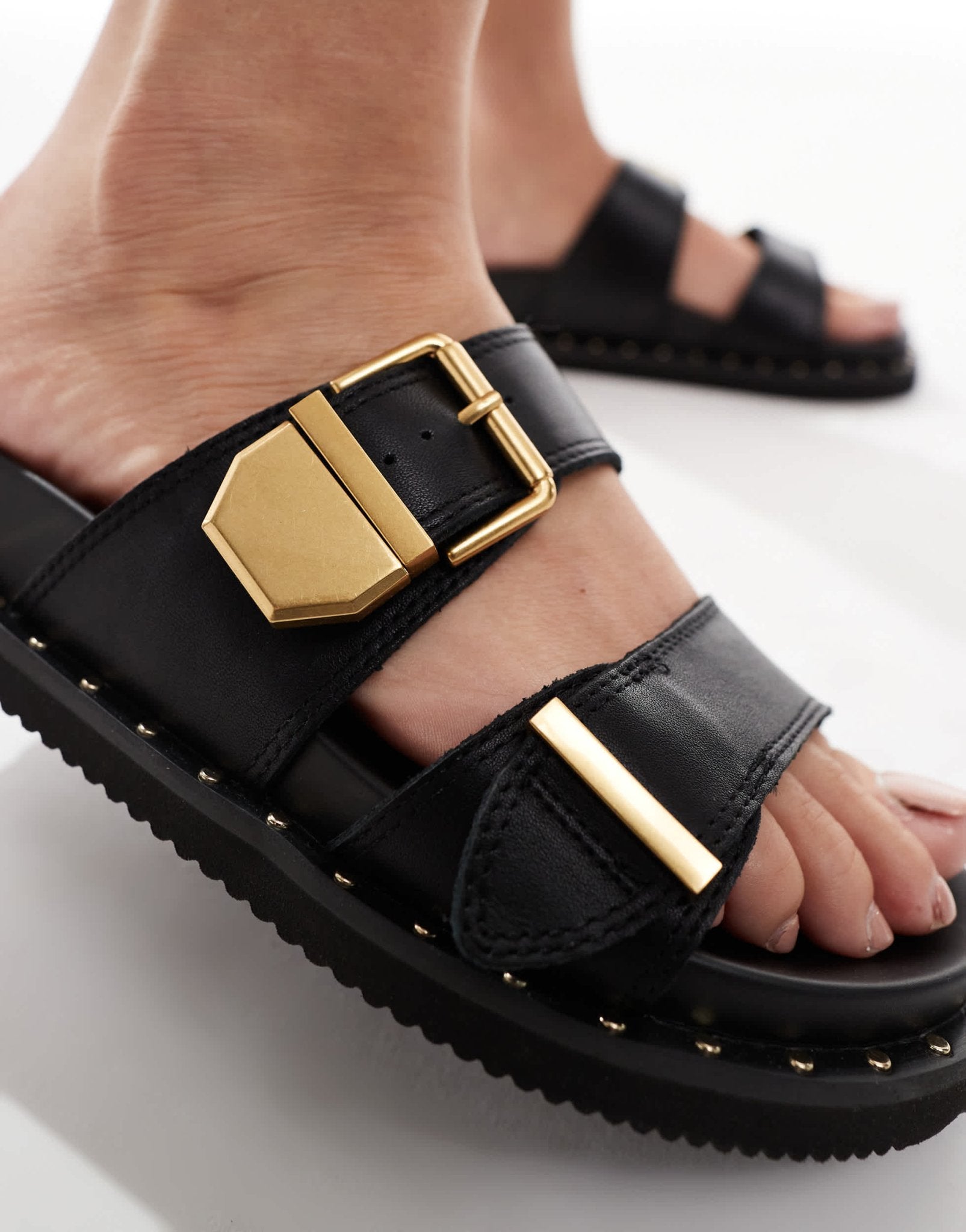 ALDO Elyna double buckle footbed sandals in black leather - ASOS Sample Sale