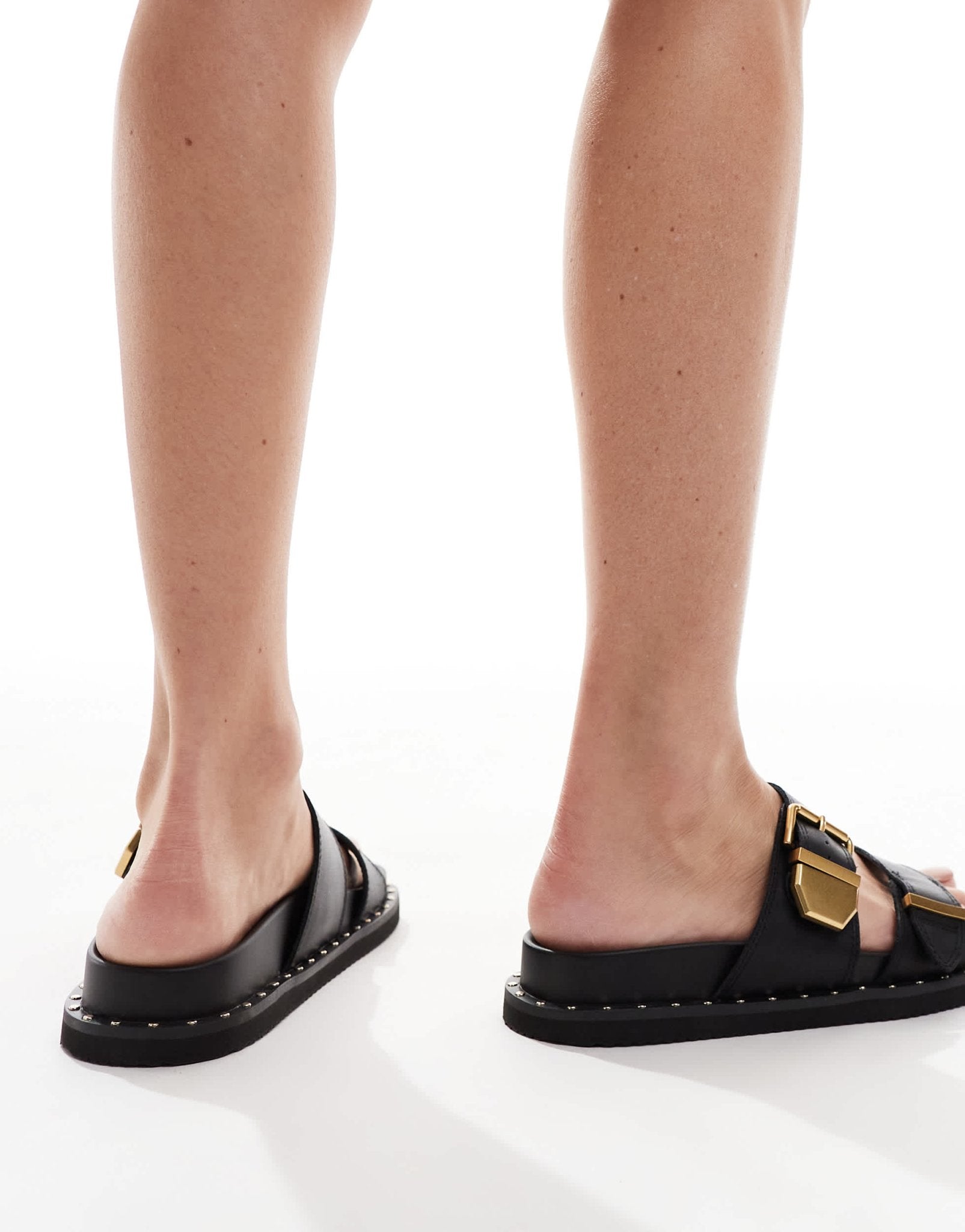 ALDO Elyna double buckle footbed sandals in black leather - ASOS Sample Sale
