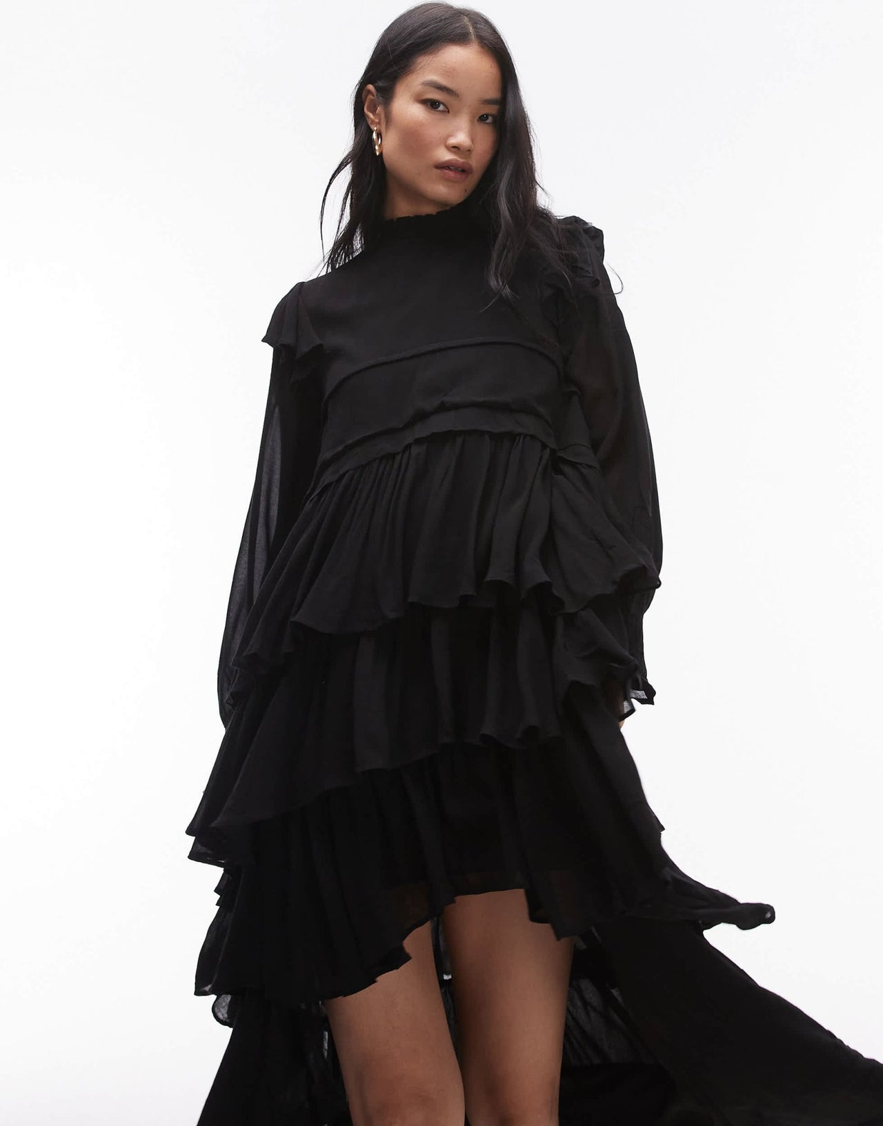 AllSaints Cavarly long sleeve tiered ruffle maxi dress in black - ASOS Sample Sale
