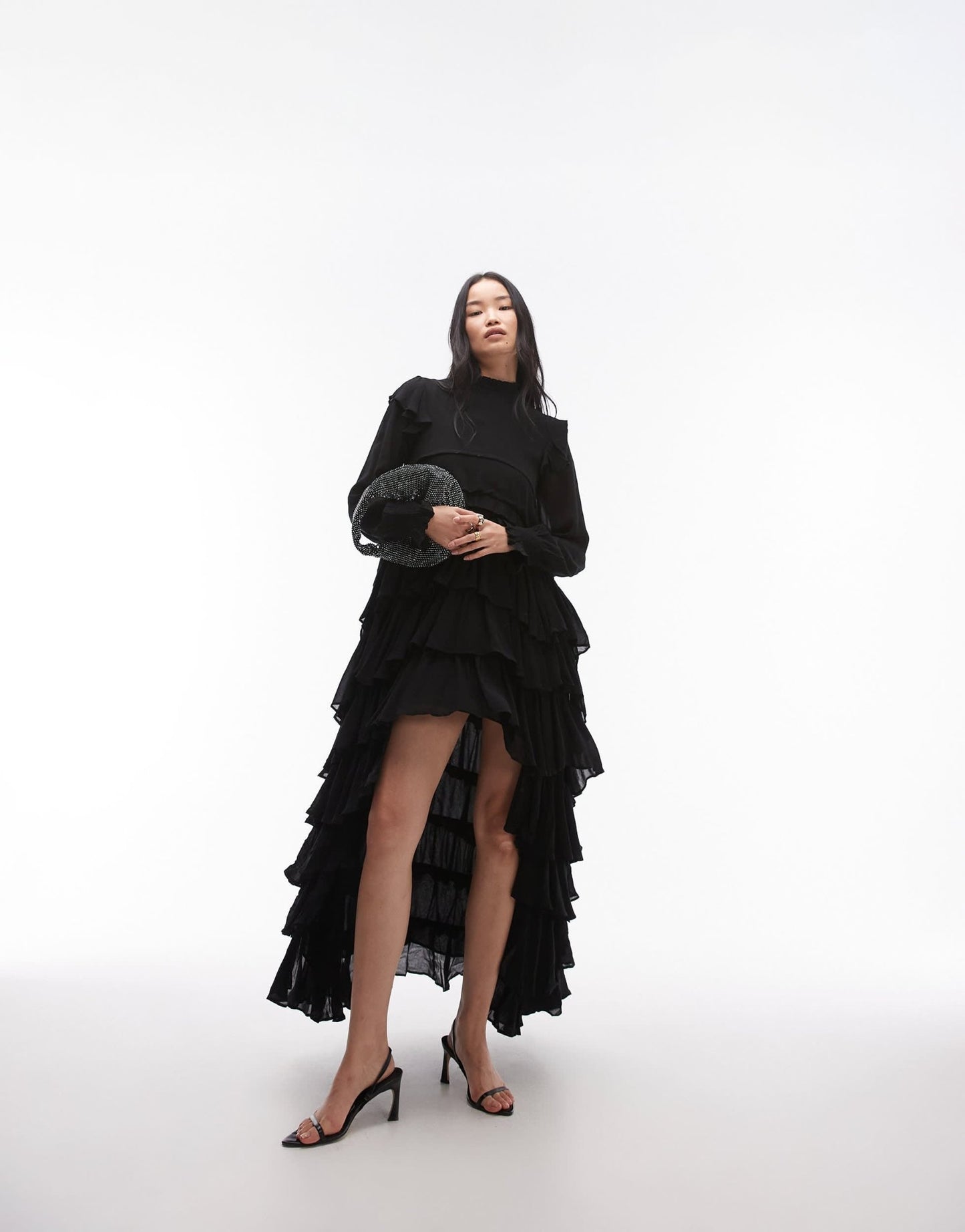 AllSaints Cavarly long sleeve tiered ruffle maxi dress in black - ASOS Sample Sale