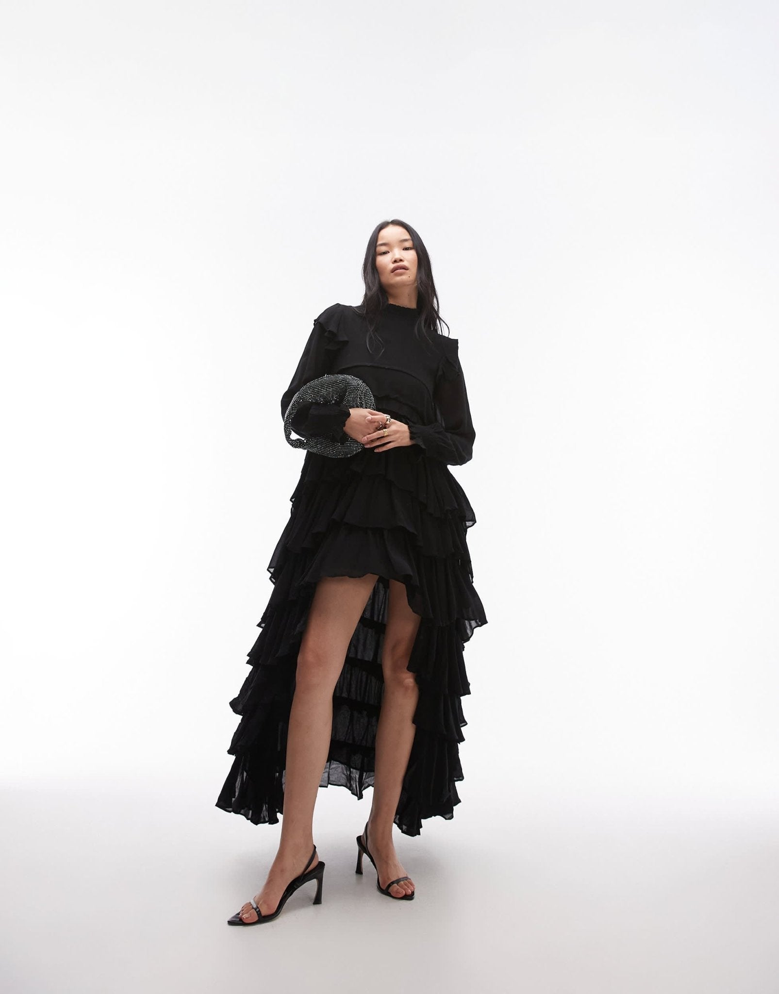 AllSaints Cavarly long sleeve tiered ruffle maxi dress in black - ASOS Sample Sale