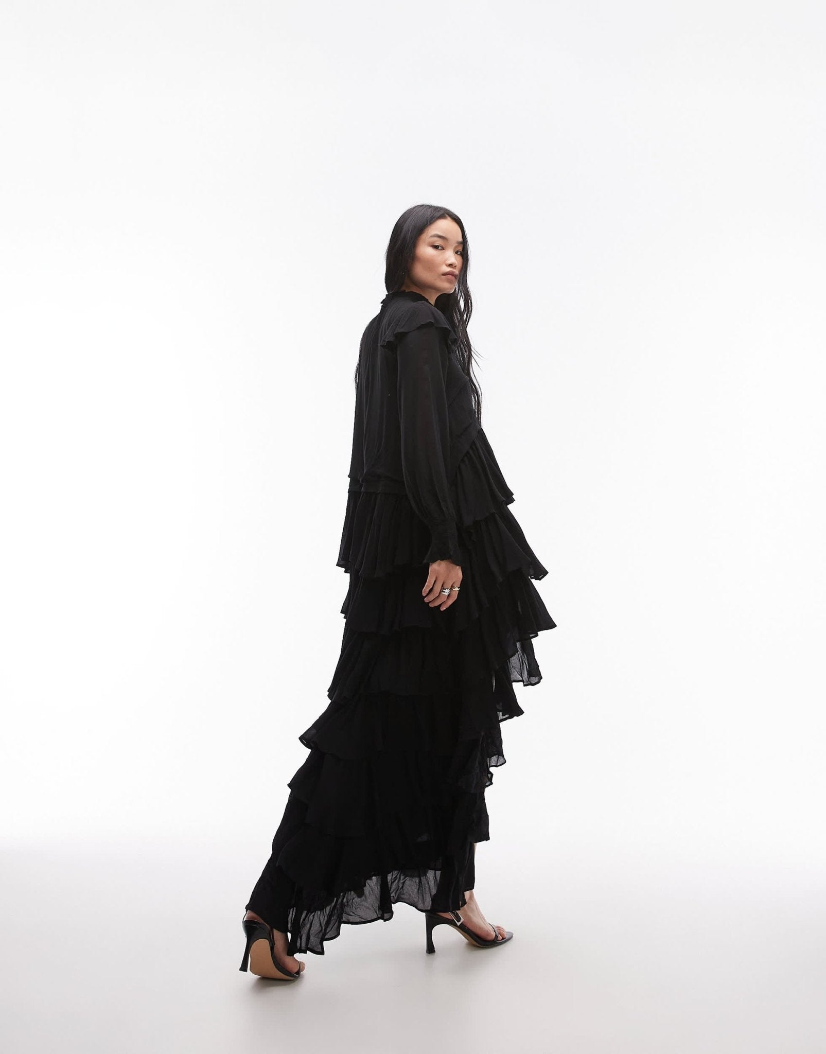 AllSaints Cavarly long sleeve tiered ruffle maxi dress in black - ASOS Sample Sale
