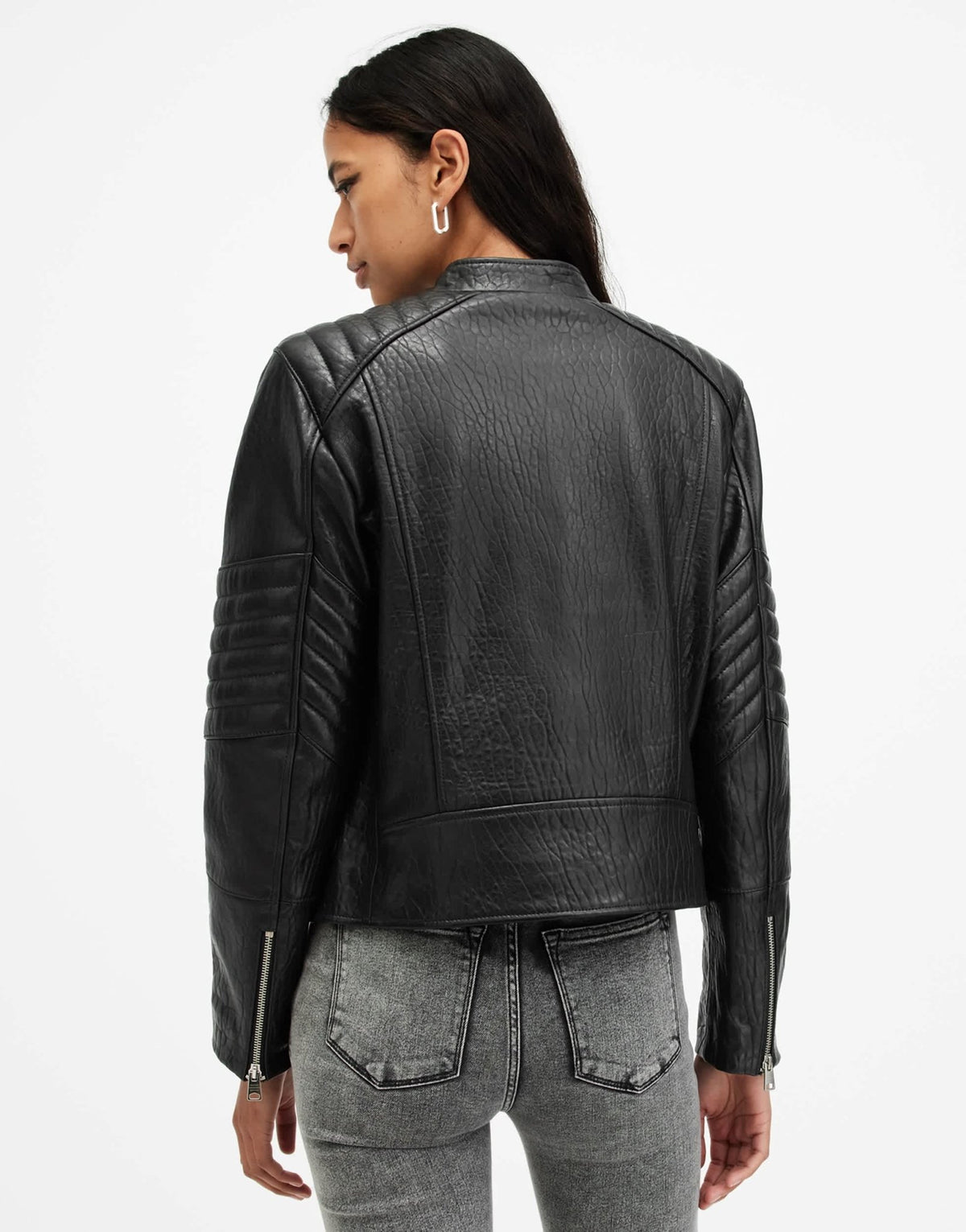 AllSaints Crawley collarless leather biker jacket in black - ASOS Sample Sale