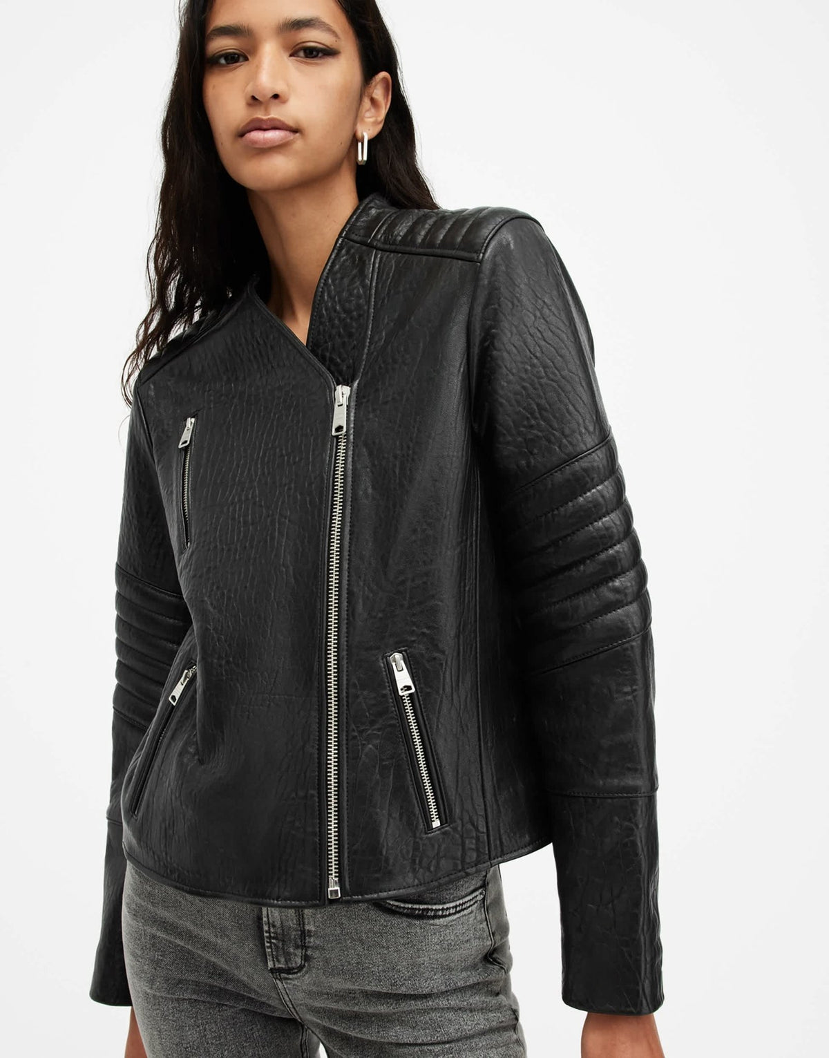 AllSaints Crawley collarless leather biker jacket in black - ASOS Sample Sale