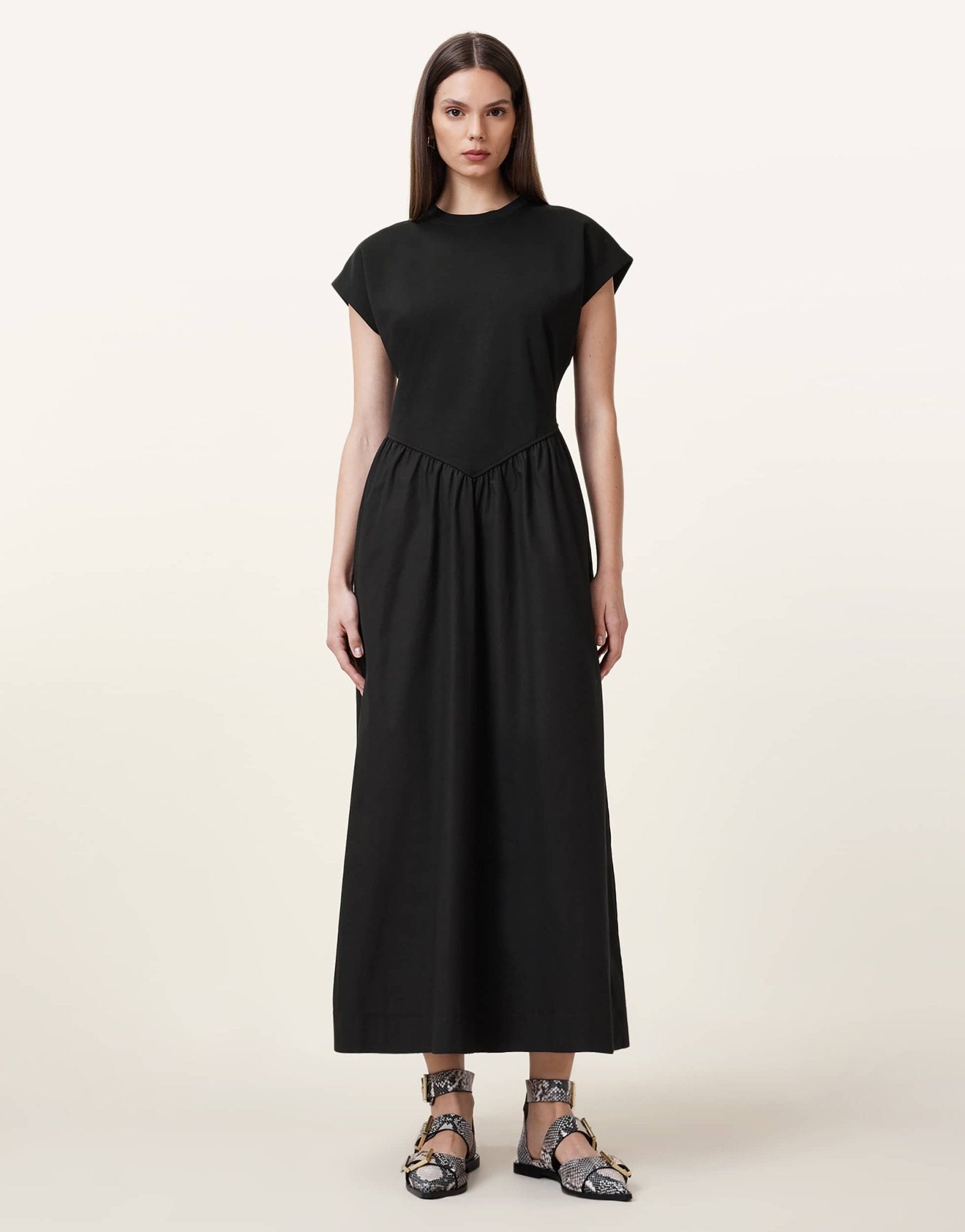 AllSaints Frankie drop hem t-shirt dress in black - ASOS Sample Sale