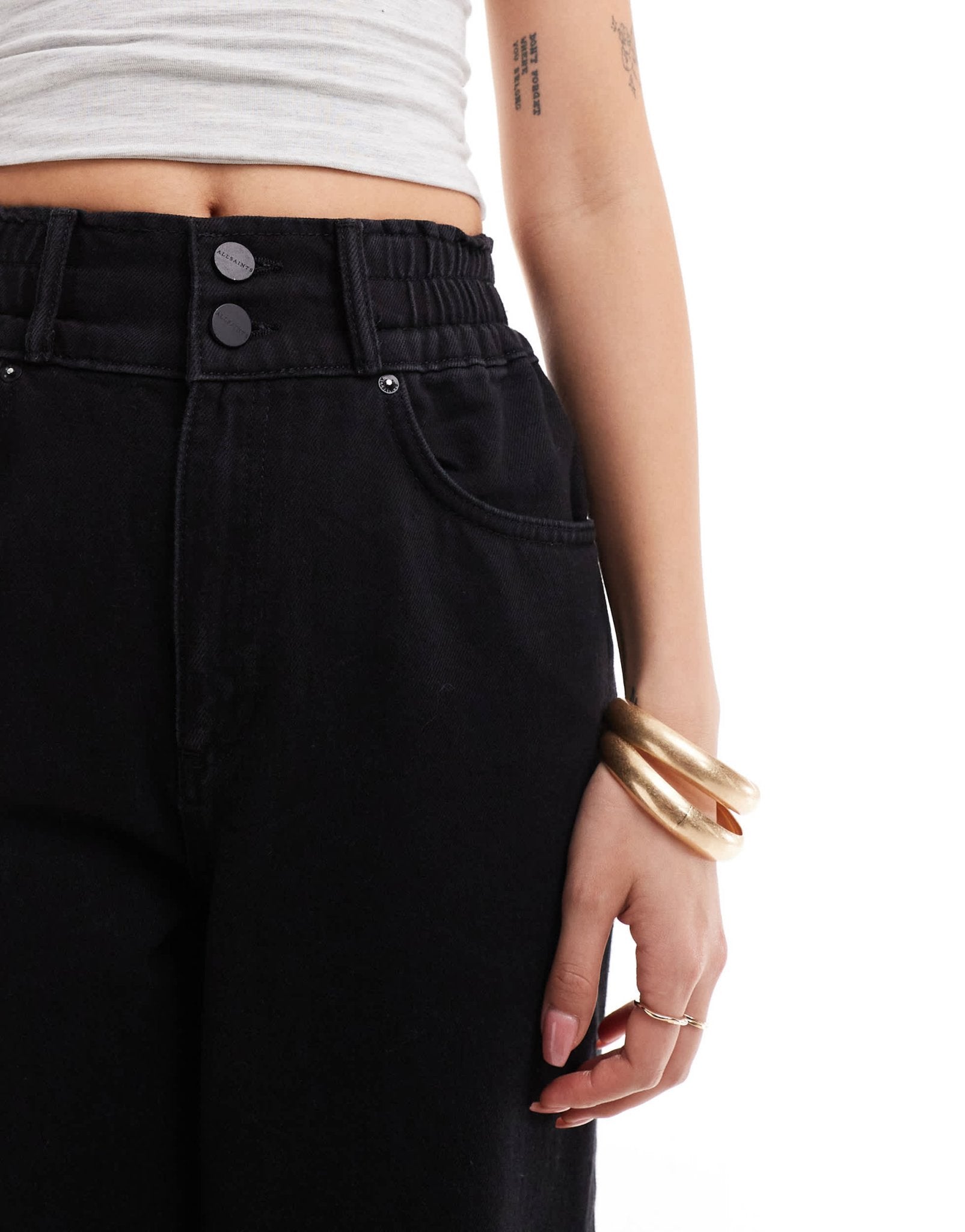 AllSaints Hailey freyed hem straight leg jeans in black - ASOS Sample Sale