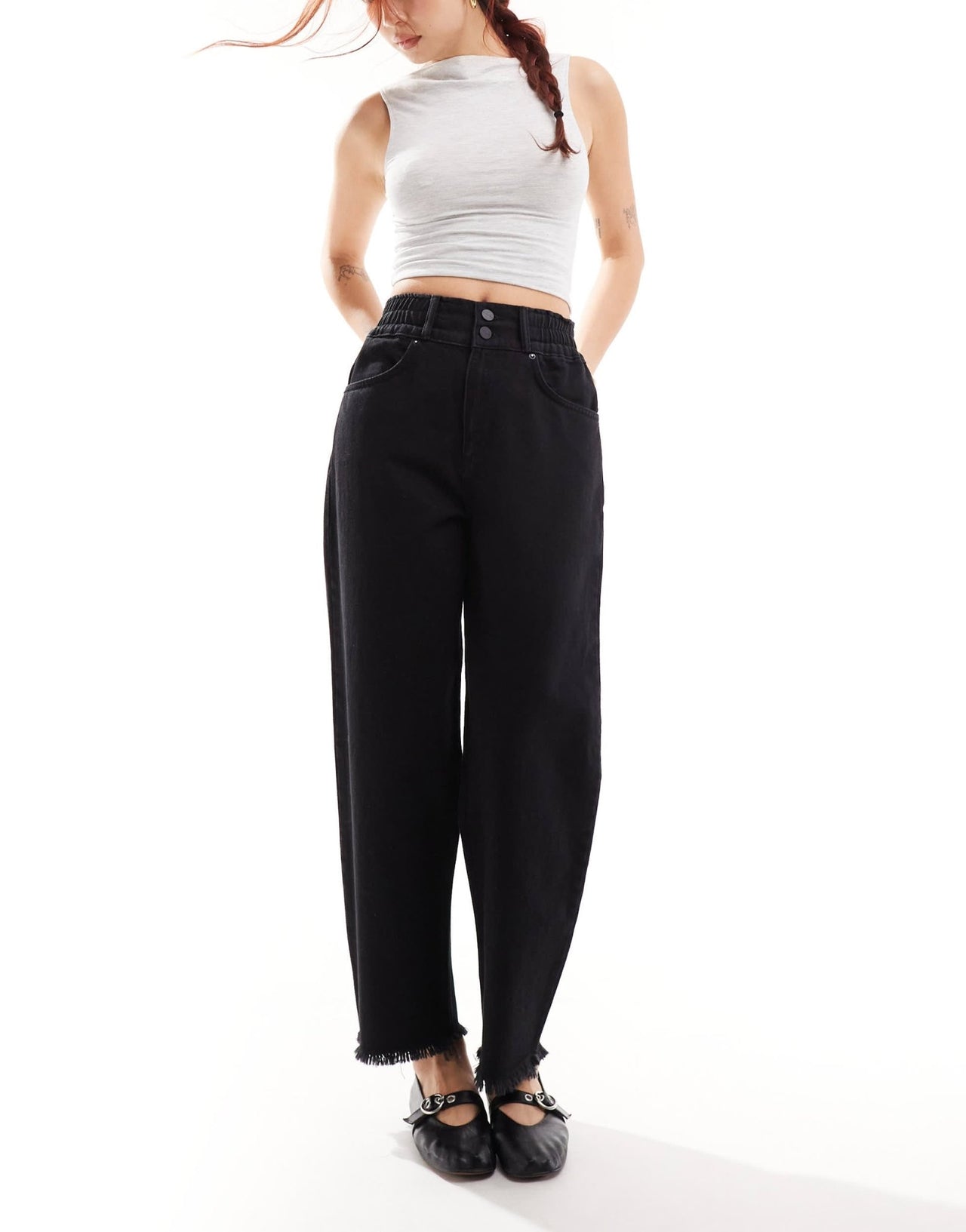 AllSaints Hailey freyed hem straight leg jeans in black - ASOS Sample Sale