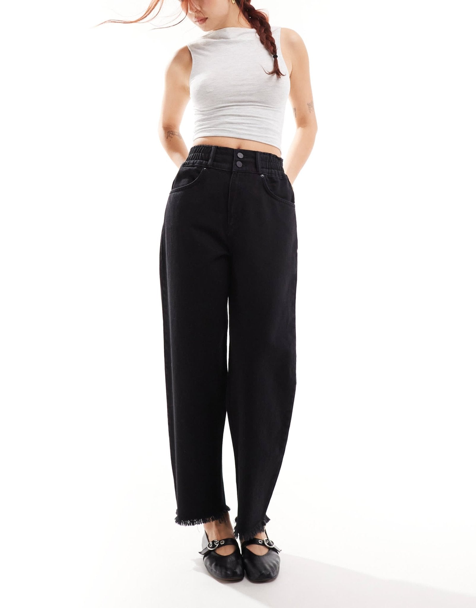 AllSaints Hailey freyed hem straight leg jeans in black - ASOS Sample Sale