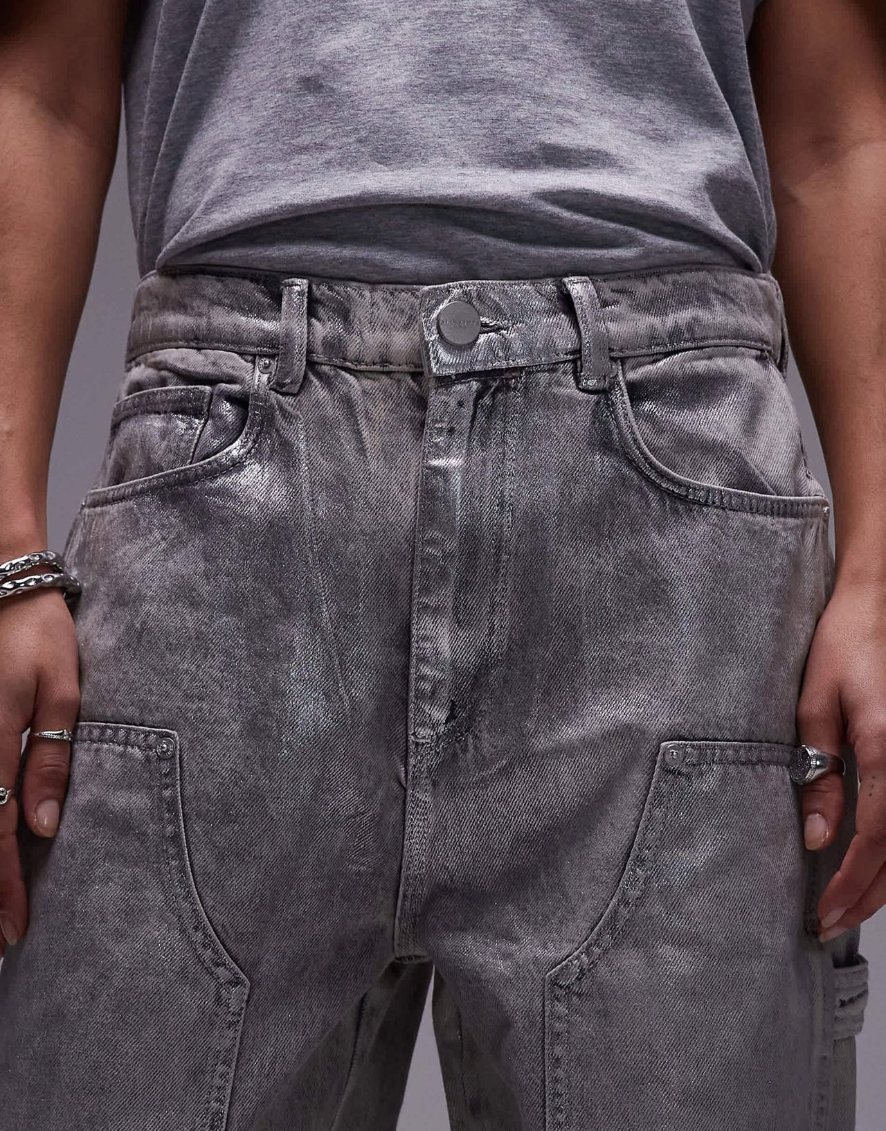 AllSaints Mia carpenter wide jeans in coated silver - ASOS Sample Sale