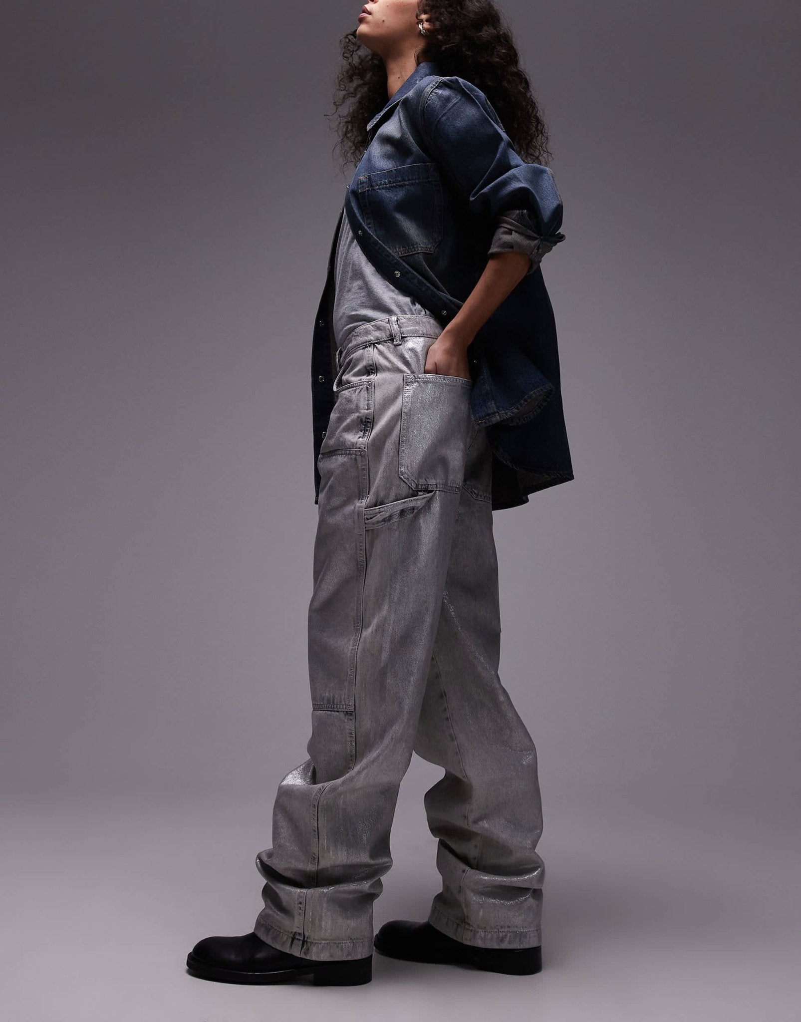 AllSaints Mia carpenter wide jeans in coated silver - ASOS Sample Sale