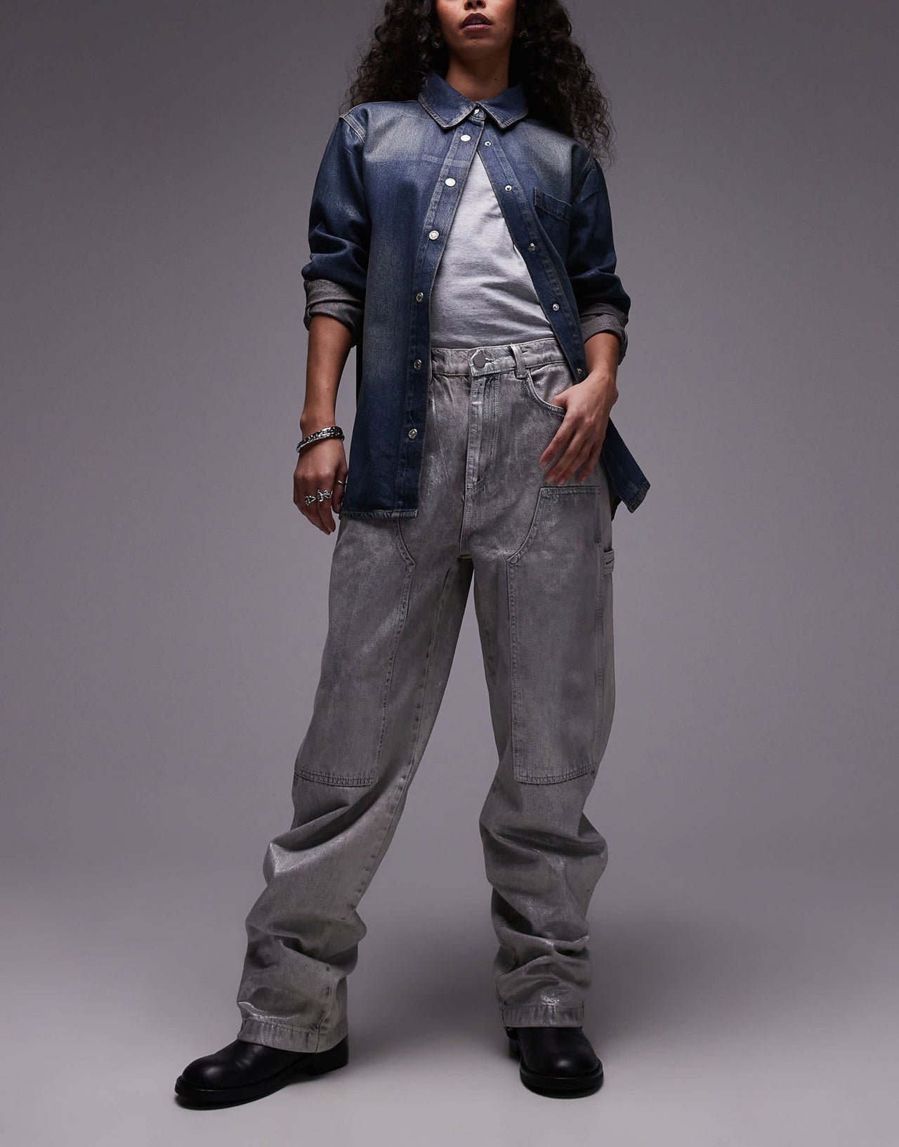 AllSaints Mia carpenter wide jeans in coated silver - ASOS Sample Sale