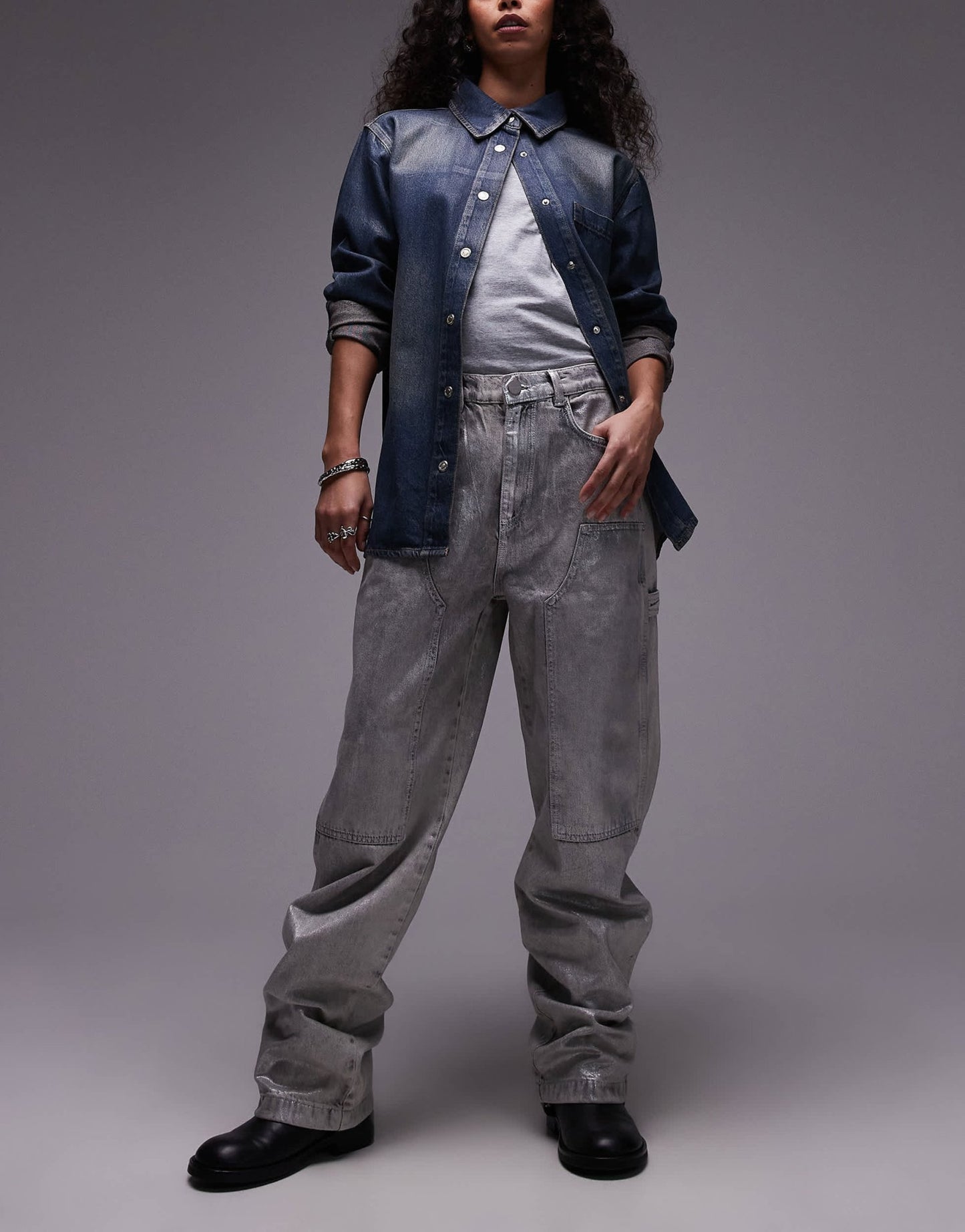 AllSaints Mia carpenter wide jeans in coated silver - ASOS Sample Sale
