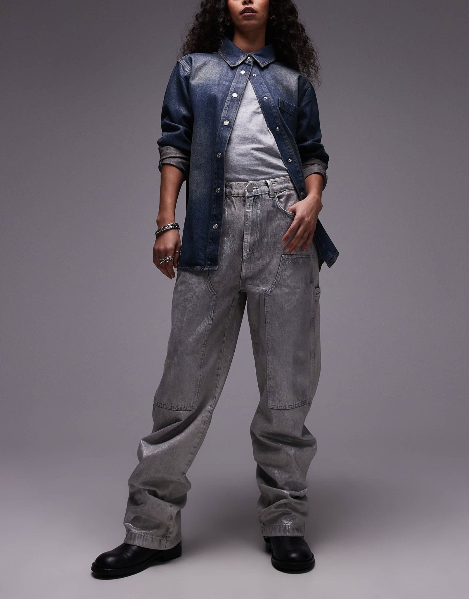 AllSaints Mia carpenter wide jeans in coated silver - ASOS Sample Sale