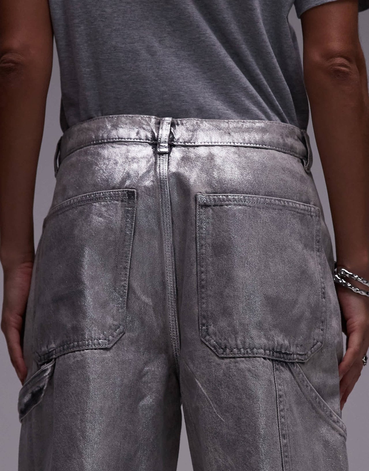 AllSaints Mia carpenter wide jeans in coated silver - ASOS Sample Sale