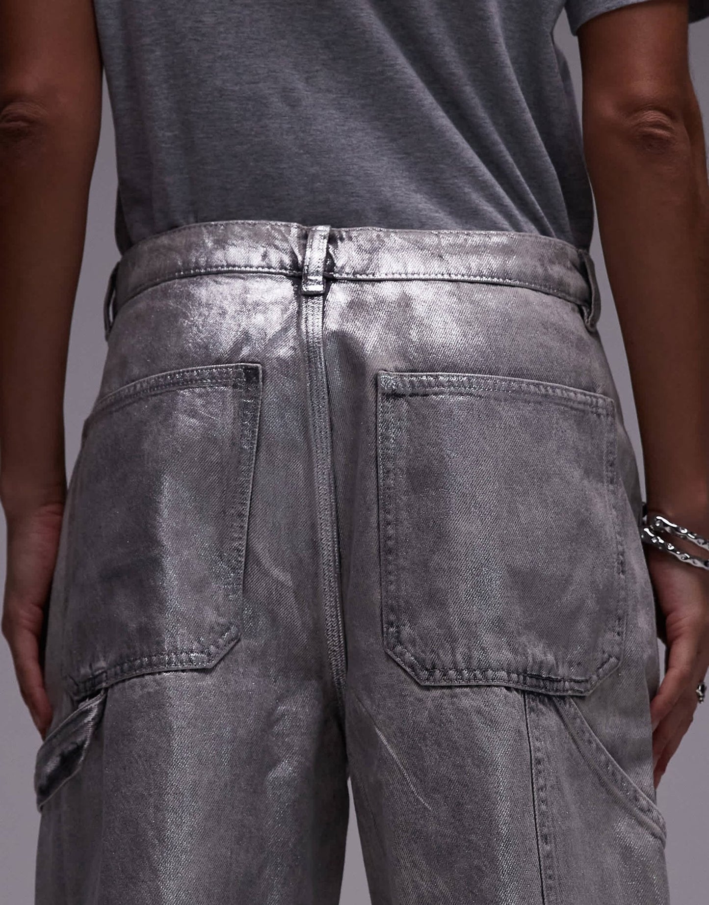 AllSaints Mia carpenter wide jeans in coated silver - ASOS Sample Sale