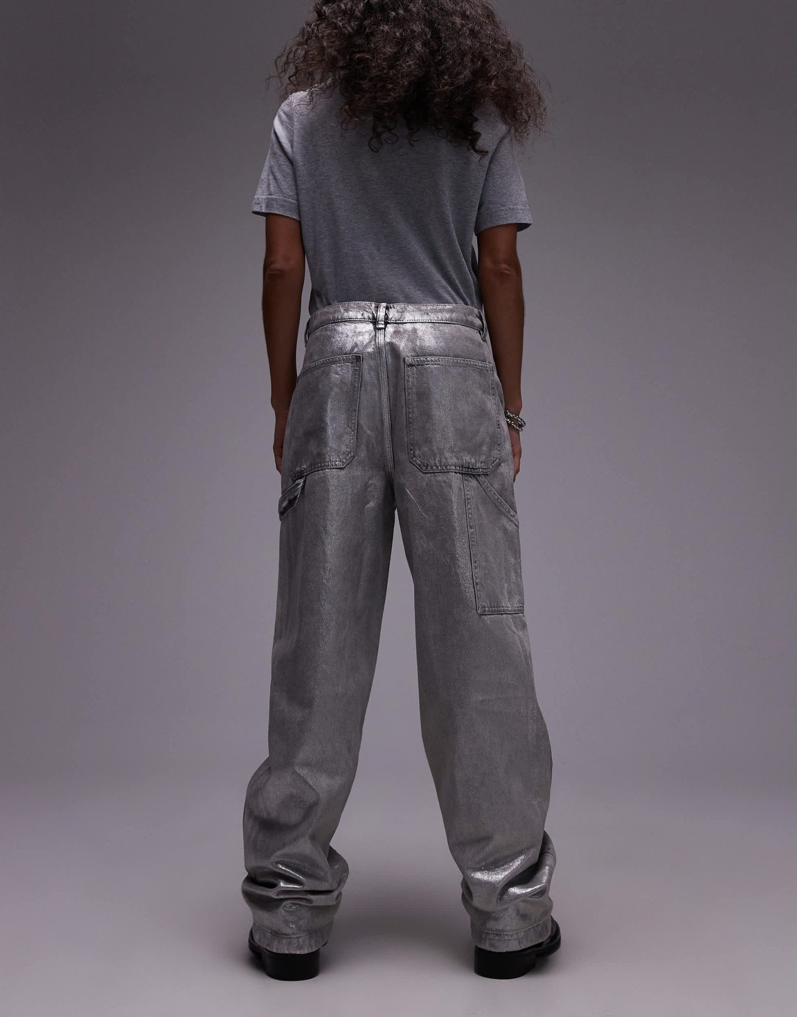 AllSaints Mia carpenter wide jeans in coated silver - ASOS Sample Sale