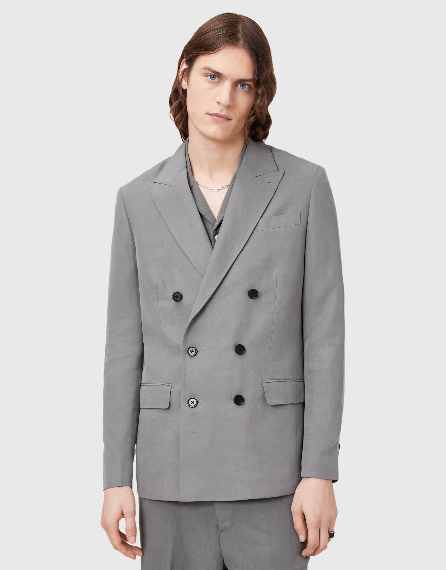Allsaints Orpheus double breasted tailored blazer in light grey - GREY - ASOS Sample Sale