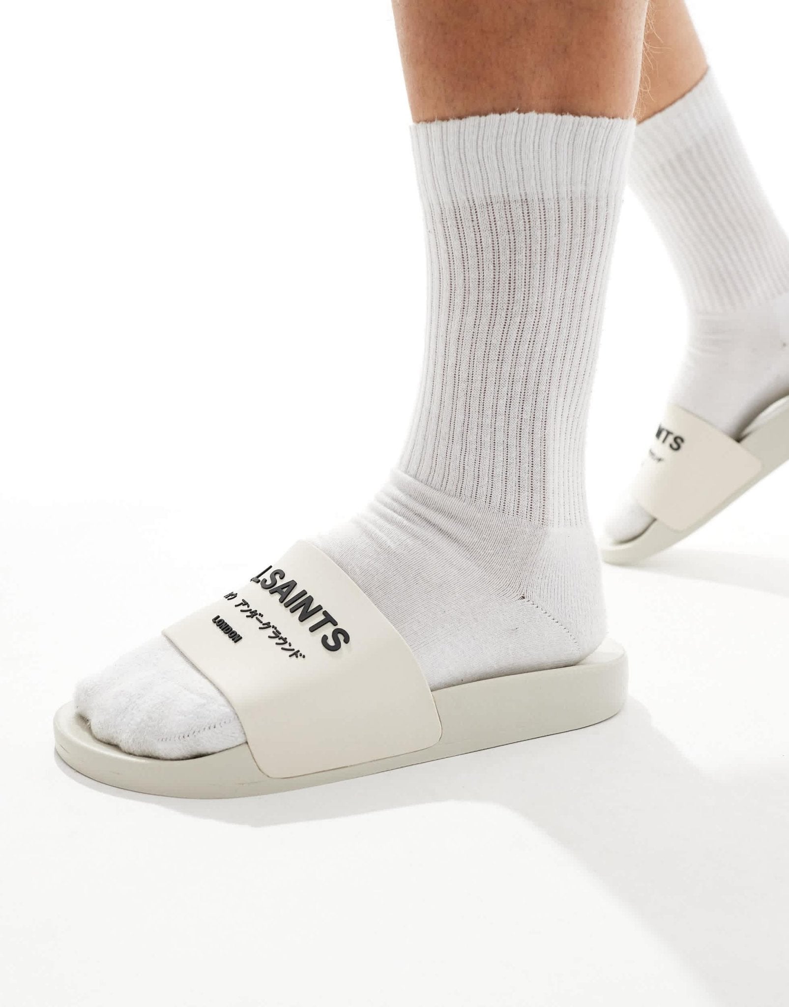 AllSaints Underground rubber sliders in white - ASOS Sample Sale