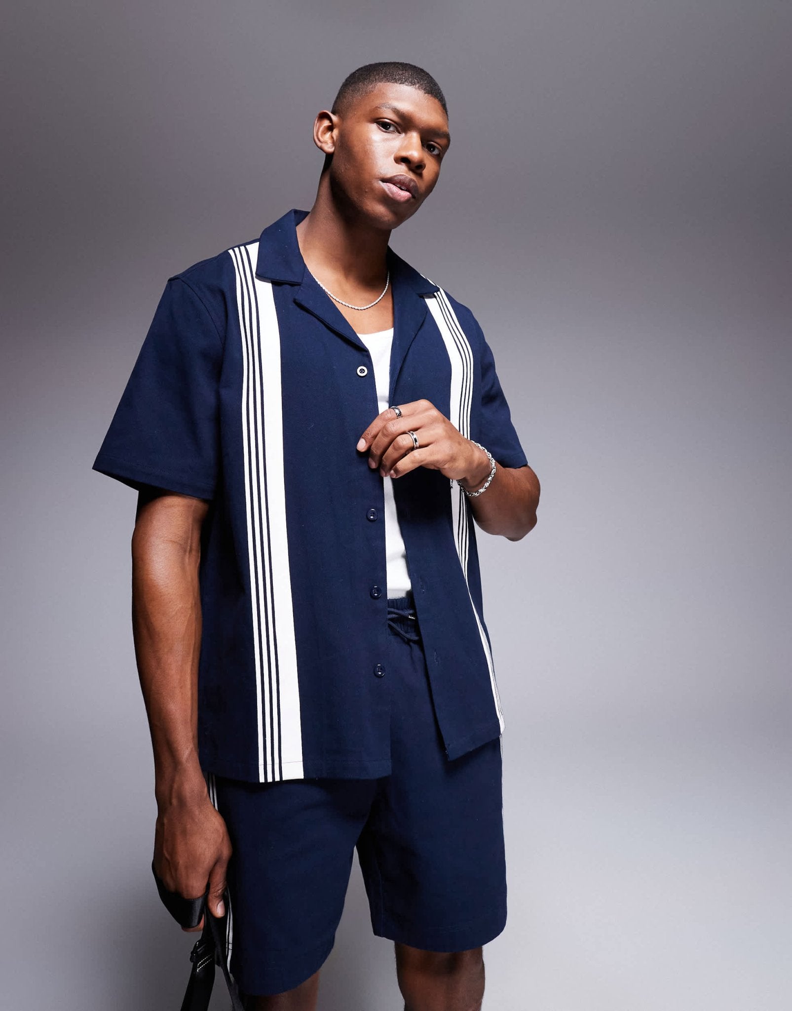 Alma De Ace stripe detail short sleeve shirt co - ord in navy - ASOS Sample Sale