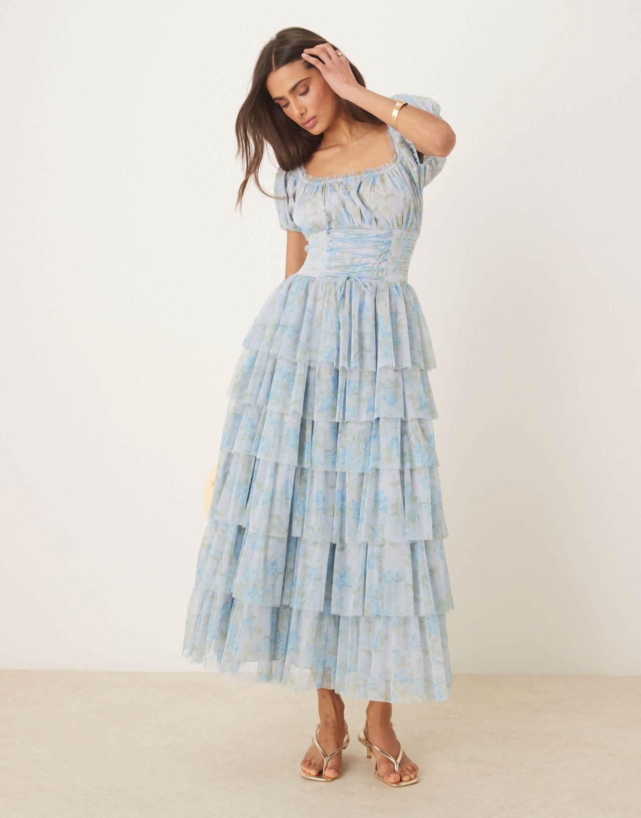 Amy Jane London Arabella corset waist tiered maxi dress in blue rose - ASOS Sample Sale