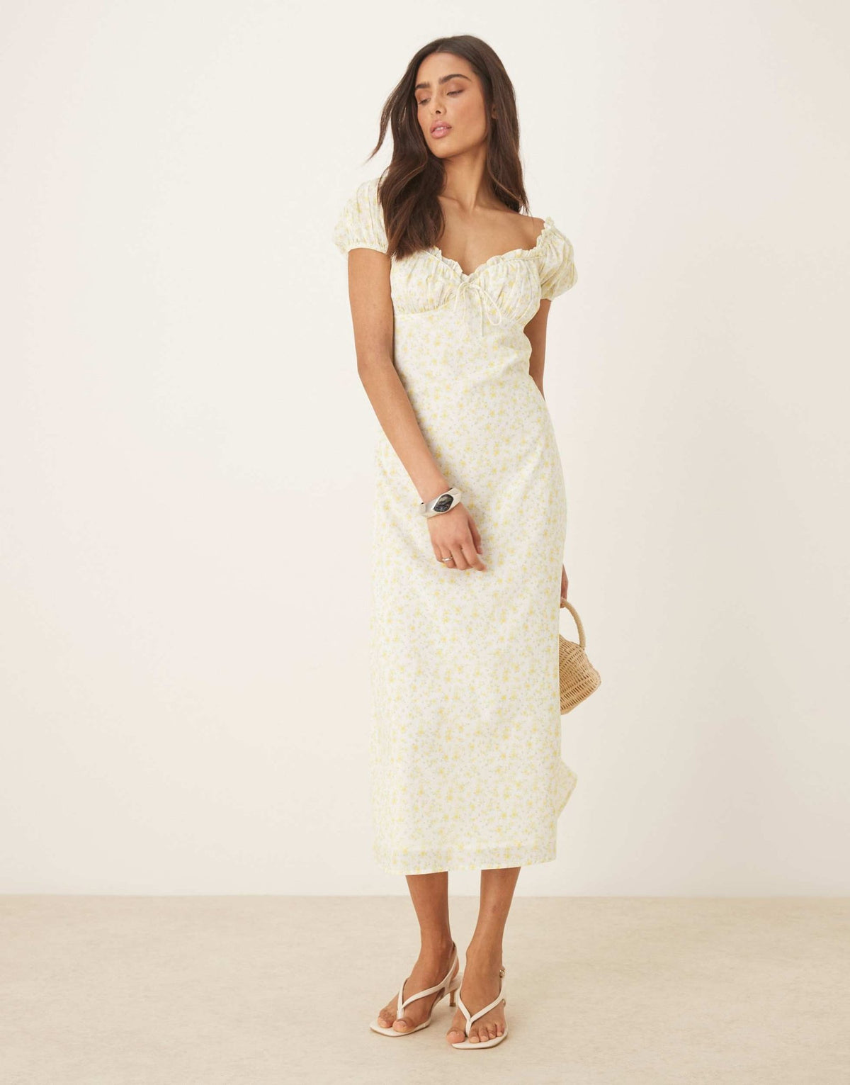 Amy Jane London Daphne milkmaid midi dress in lemon ditsy - ASOS Sample Sale