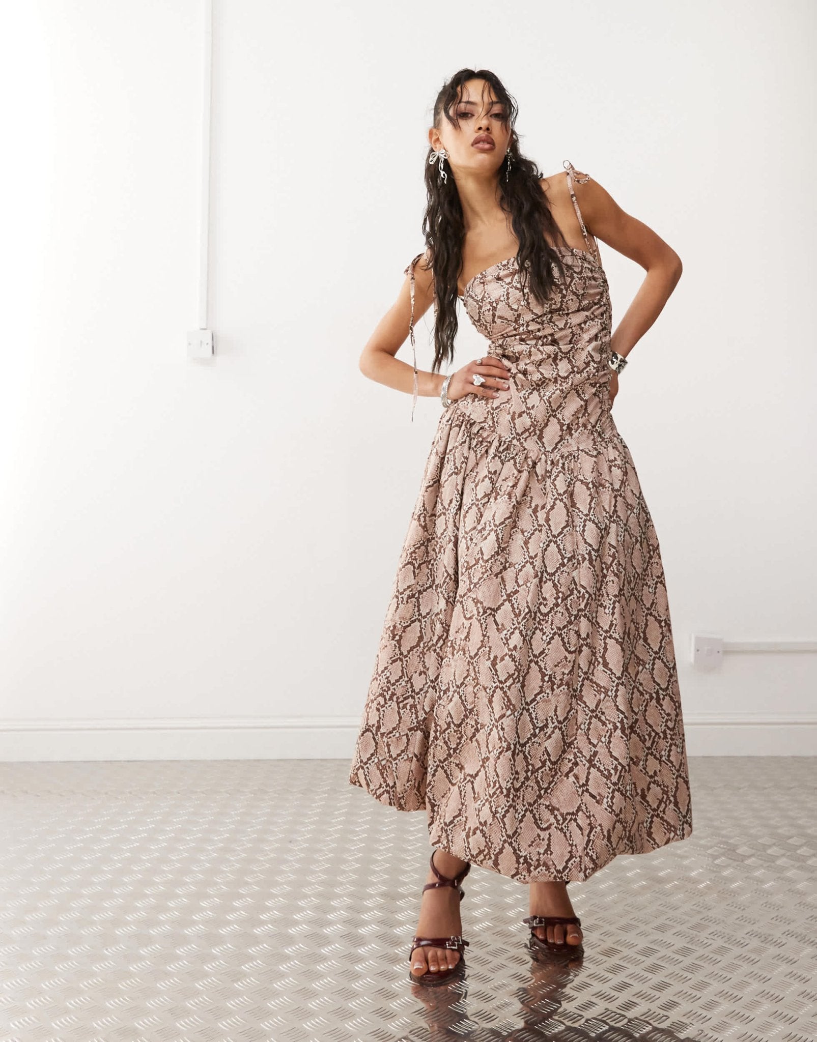 Amy Lynn Alexa puffball printed midi dress in snake - ASOS Sample Sale