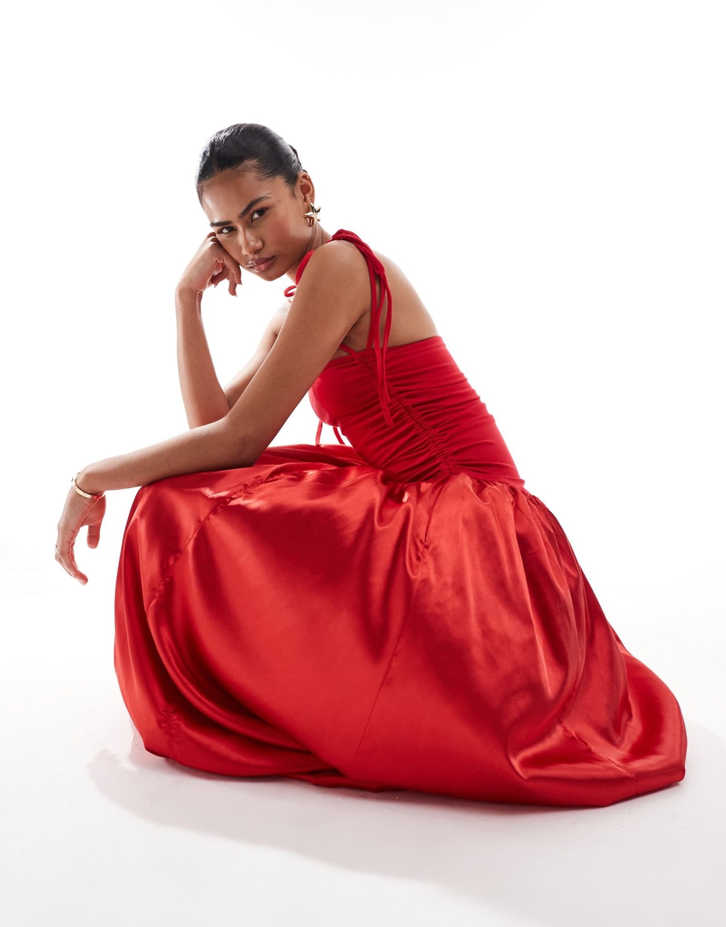 Amy Lynn Alexa shoulder tie maxi dress in red satin - ASOS Sample Sale