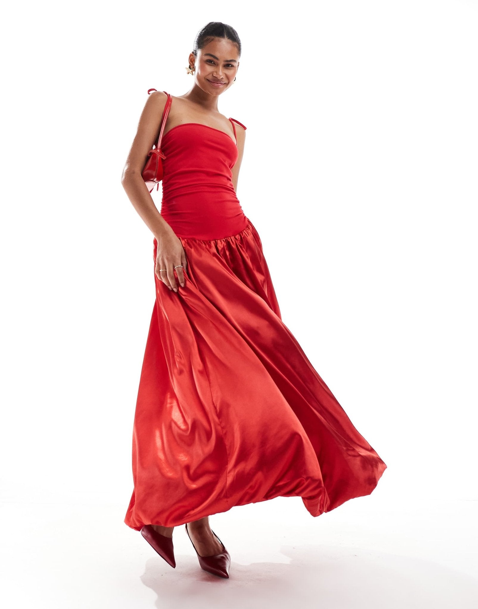 Amy Lynn Alexa shoulder tie maxi dress in red satin - ASOS Sample Sale