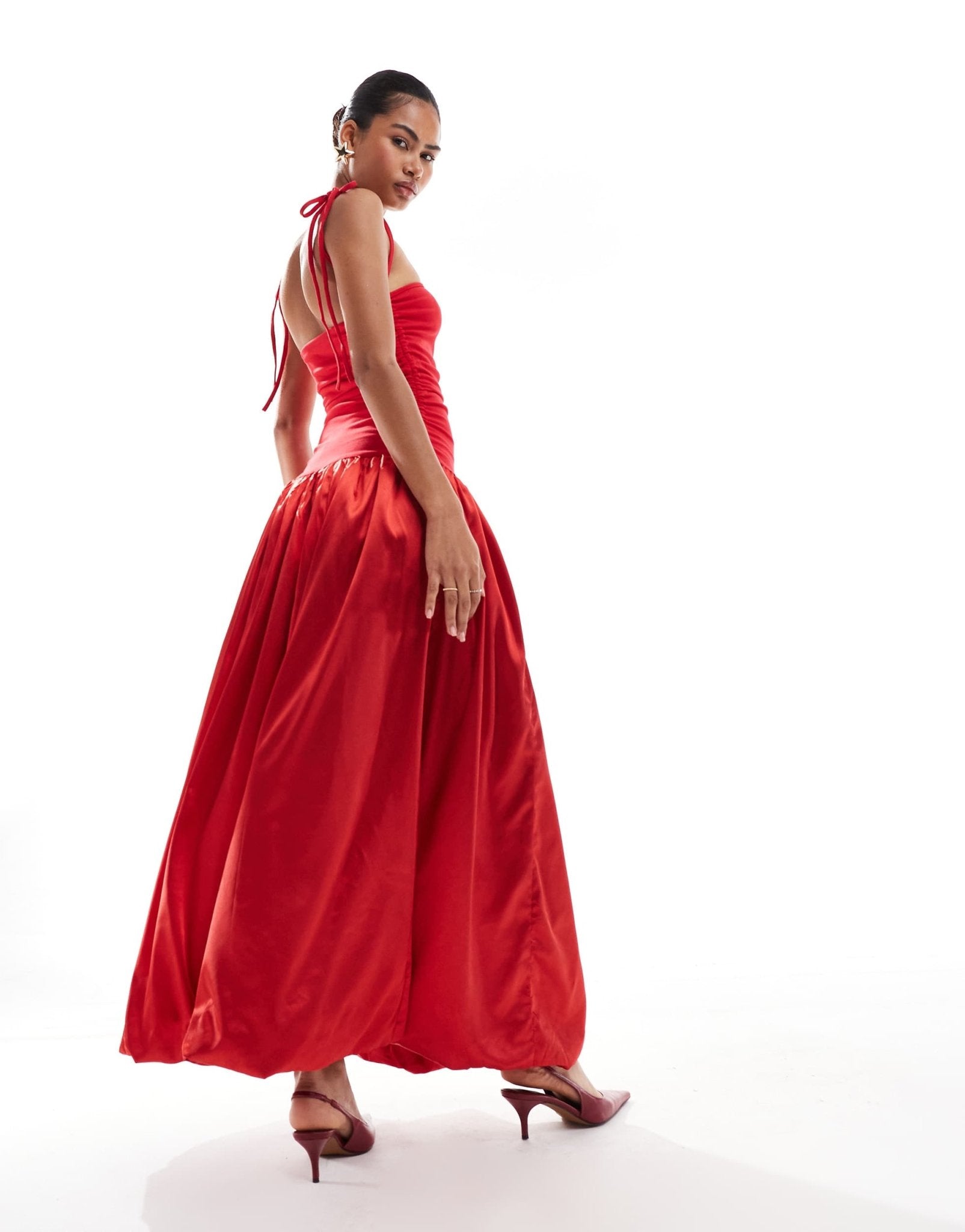 Amy Lynn Alexa shoulder tie maxi dress in red satin - ASOS Sample Sale