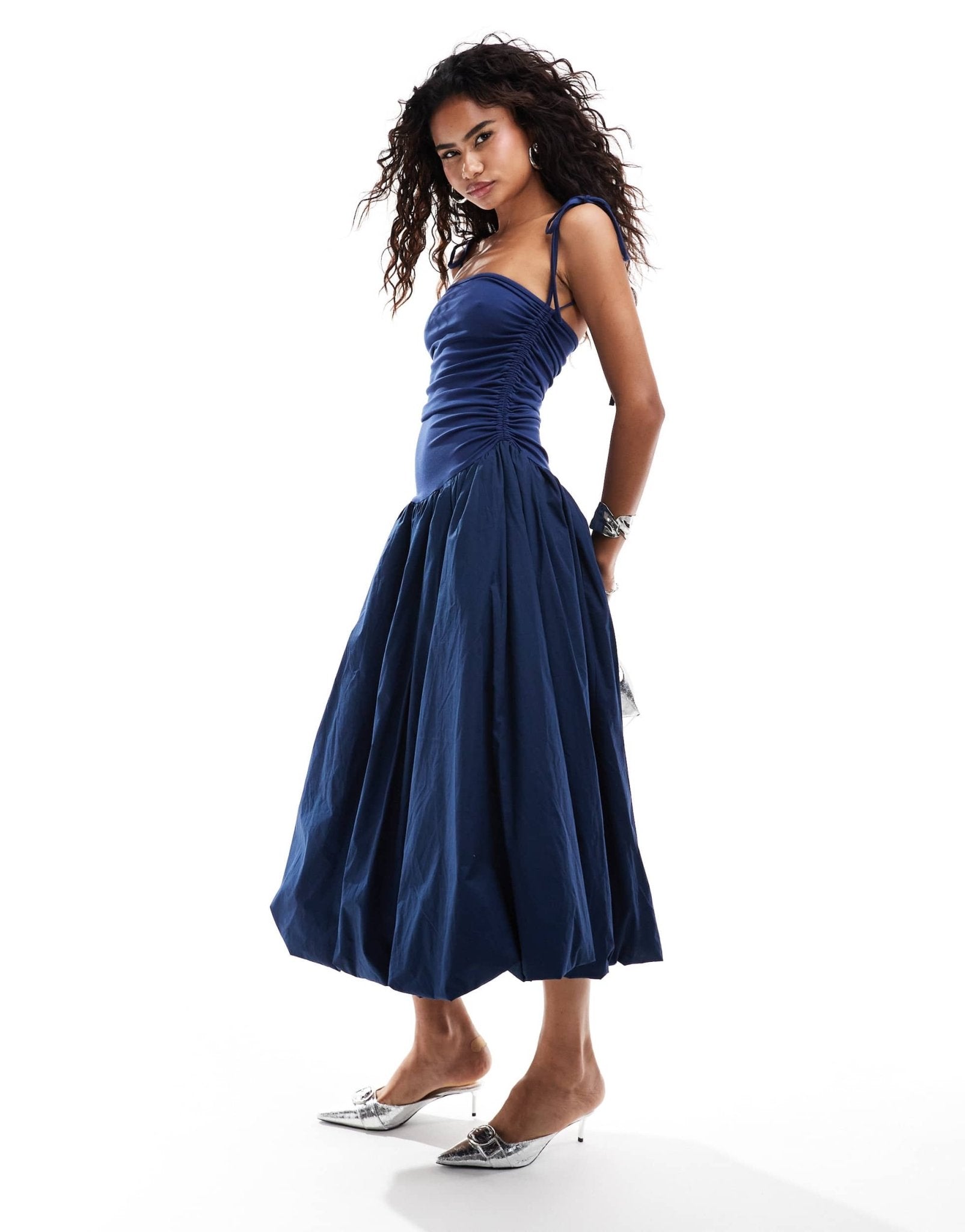 Amy Lynn Alexa shoulder tie puffball midi dress in navy - ASOS Sample Sale