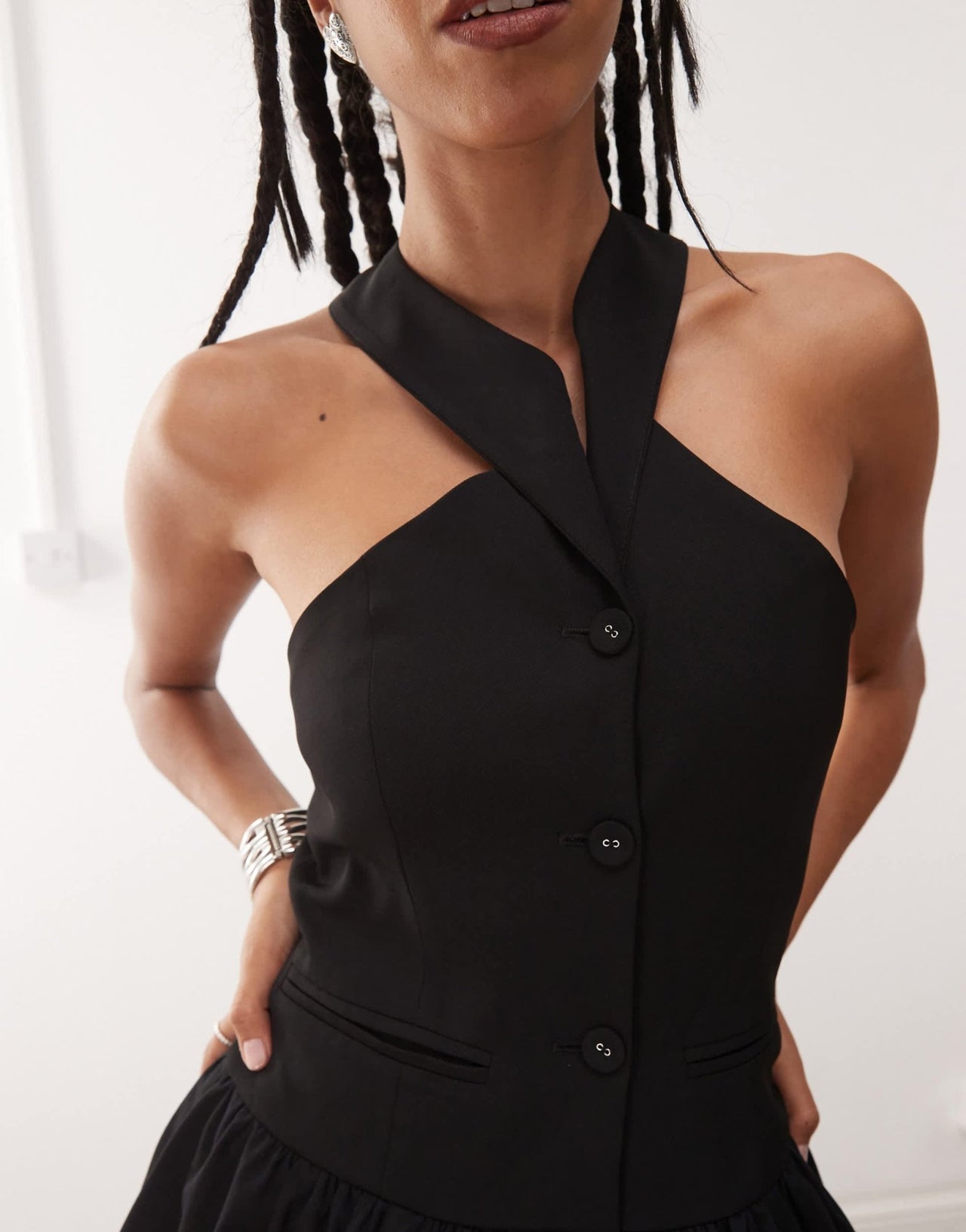 Amy Lynn Alexa tailored halter neck puffball midi dress in black - ASOS Sample Sale